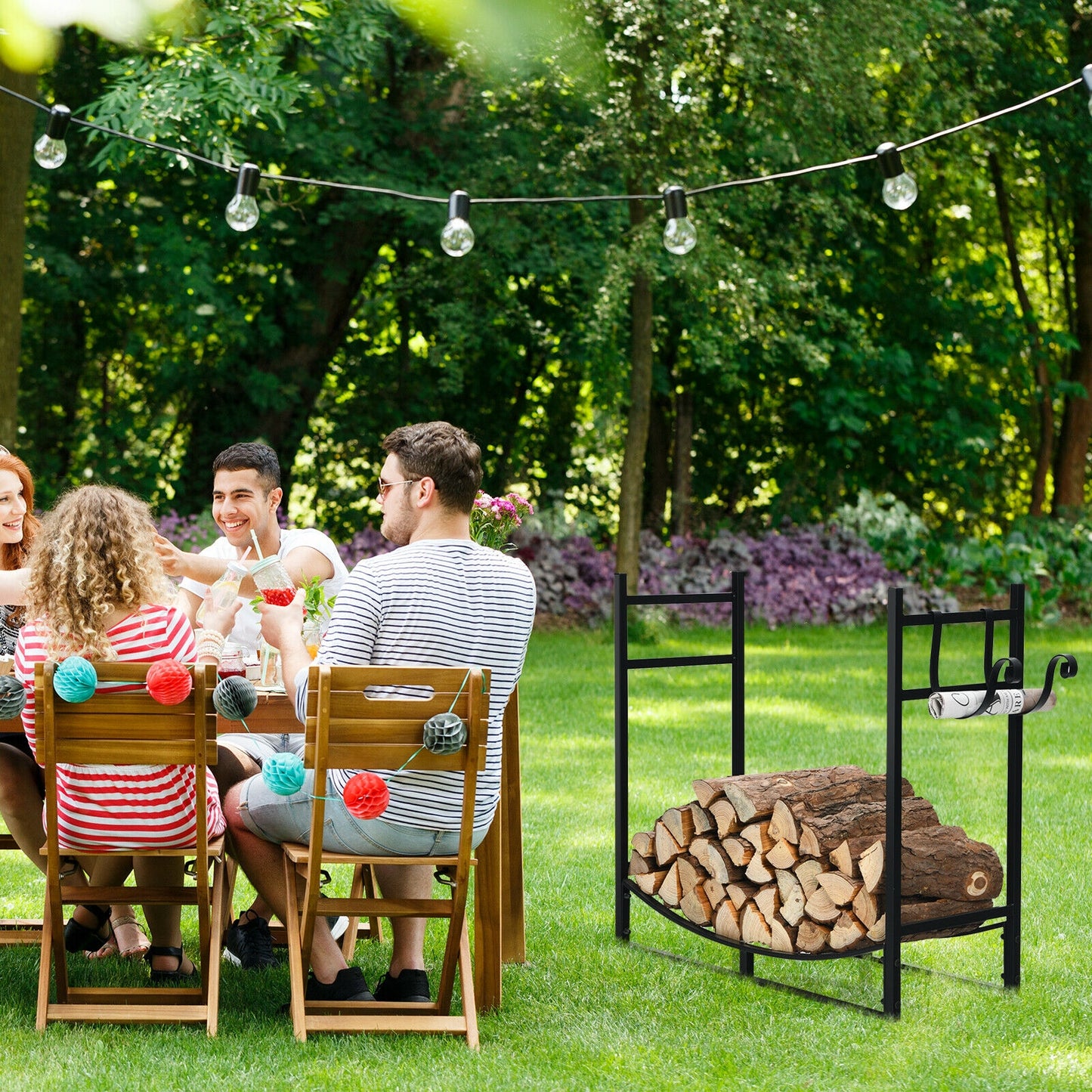 33 Inch Firewood Rack with Removable Kindling Holder Steel Fireplace Wood (1 Box, Unassembled)