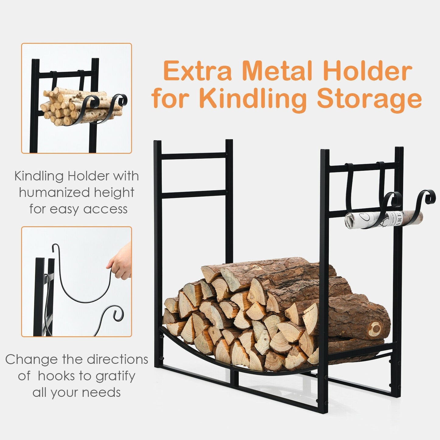 33 Inch Firewood Rack with Removable Kindling Holder Steel Fireplace Wood (1 Box, Unassembled)