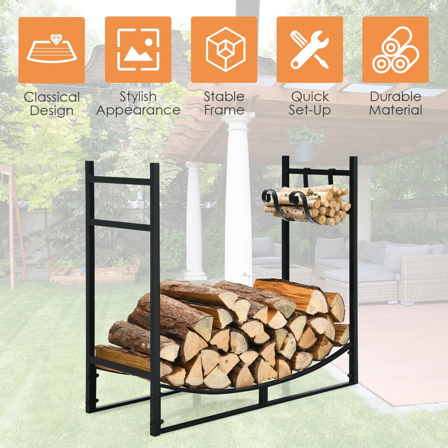 33 Inch Firewood Rack with Removable Kindling Holder Steel Fireplace Wood (1 Box, Unassembled)