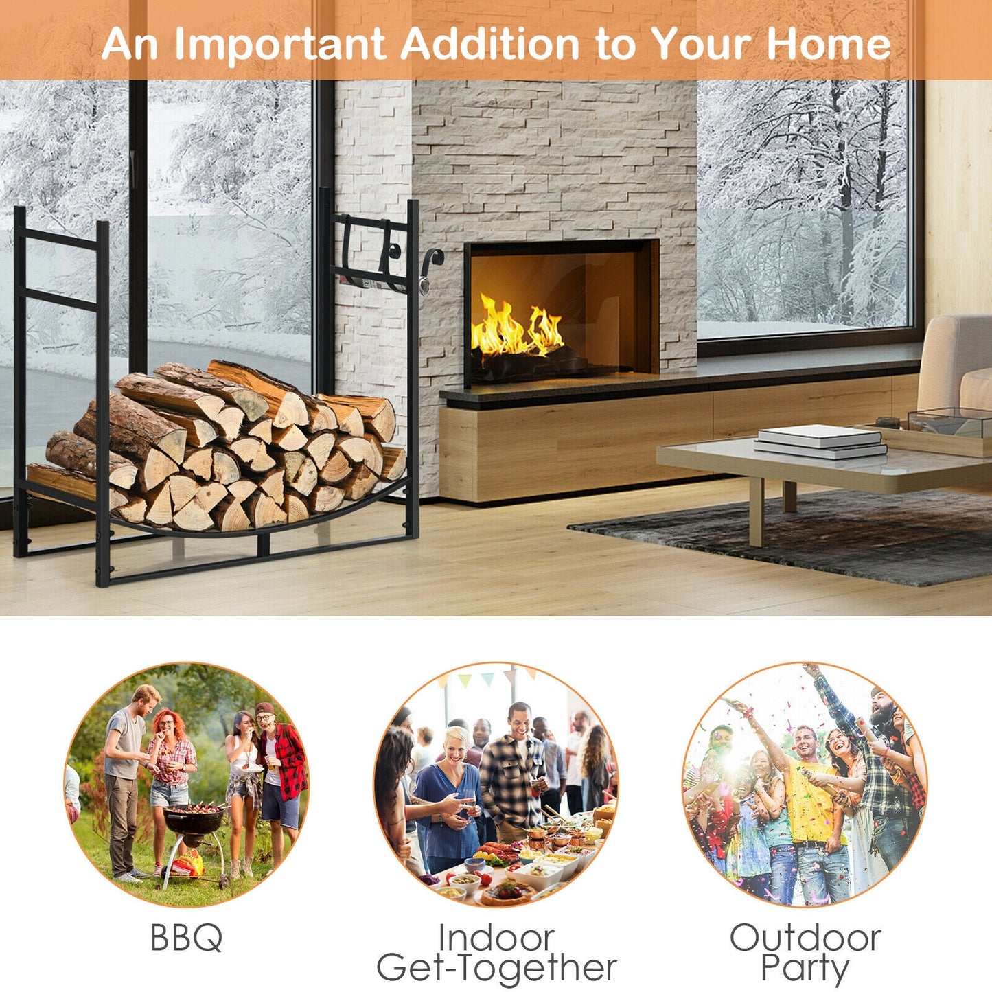 33 Inch Firewood Rack with Removable Kindling Holder Steel Fireplace Wood (1 Box, Unassembled)