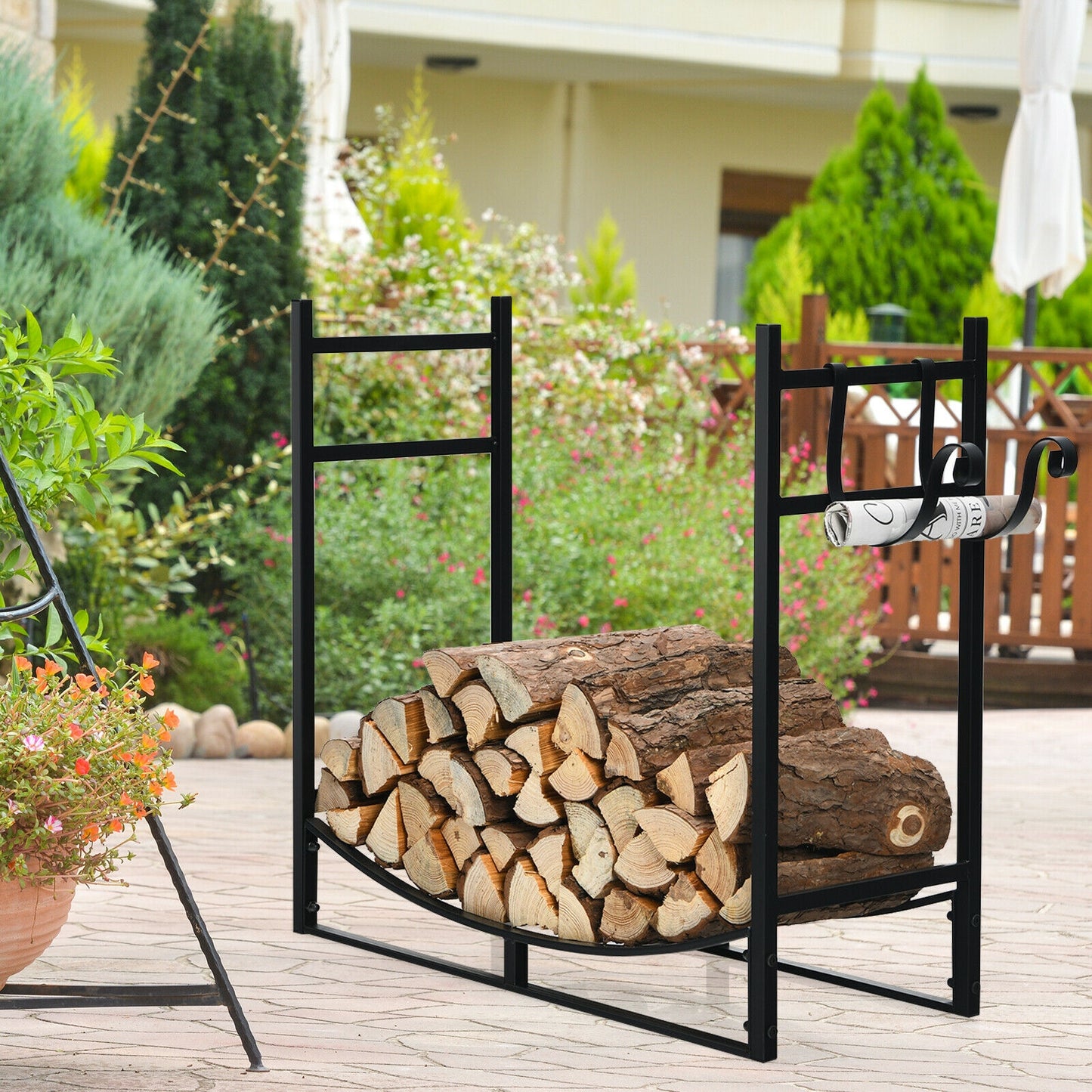 33 Inch Firewood Rack with Removable Kindling Holder Steel Fireplace Wood (1 Box, Unassembled)