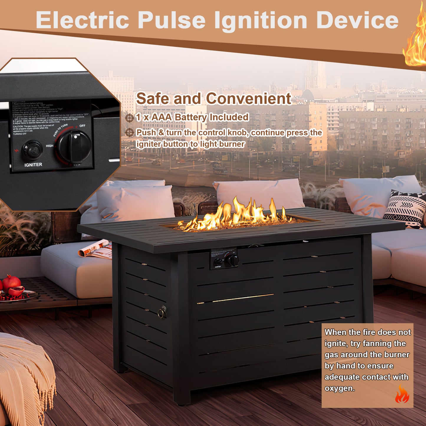 42 Inch 60 000 BTU Rectangular Propane Fire Pit Table with Waterproof Cover, 1 box, unassembled