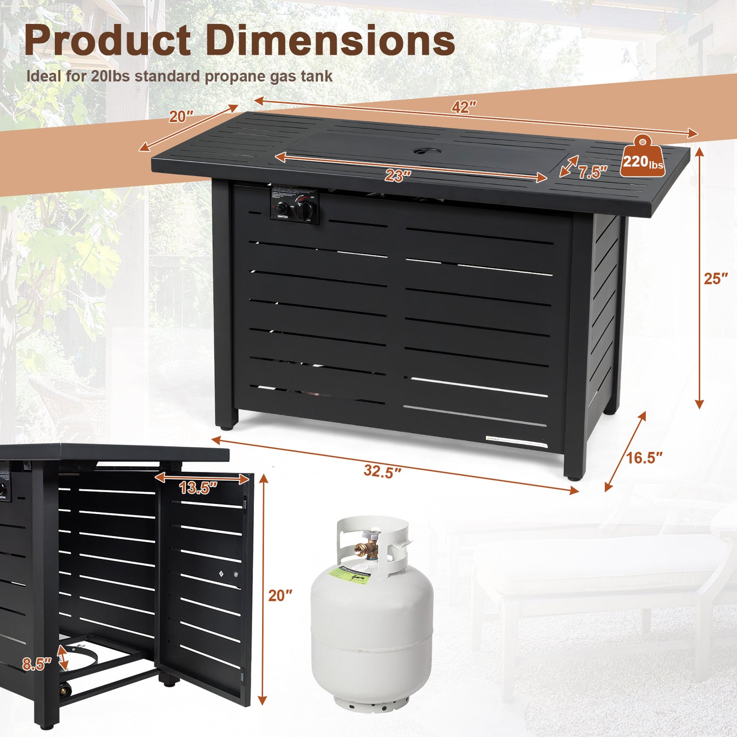 42 Inch 60 000 BTU Rectangular Propane Fire Pit Table with Waterproof Cover, 1 box, unassembled