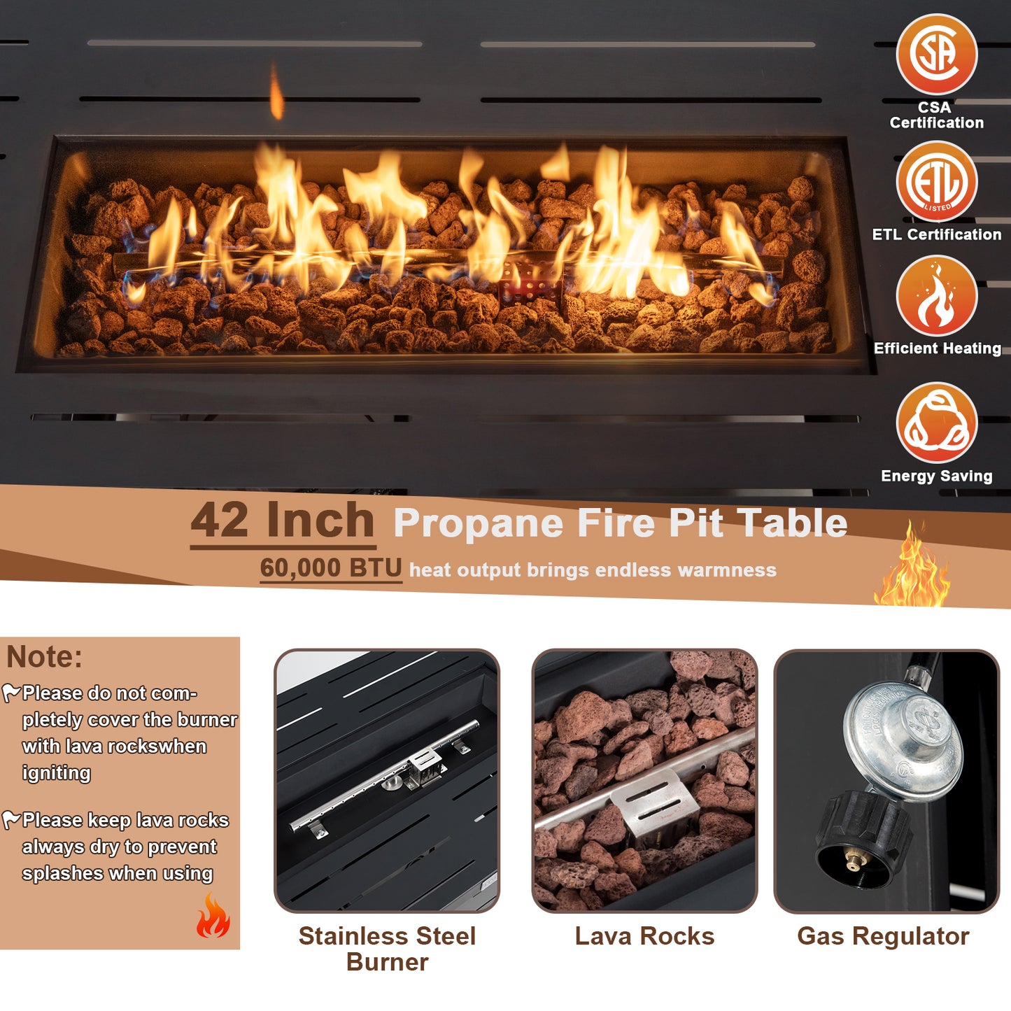 42 Inch 60 000 BTU Rectangular Propane Fire Pit Table with Waterproof Cover, 1 box, unassembled