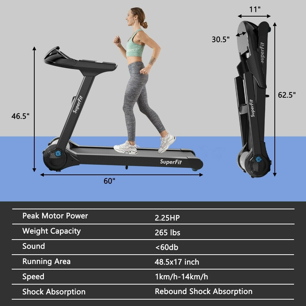 2.25HP Folding Treadmill Running Jogging Machine with APP heart rate bluetooth [Max 265lbs]