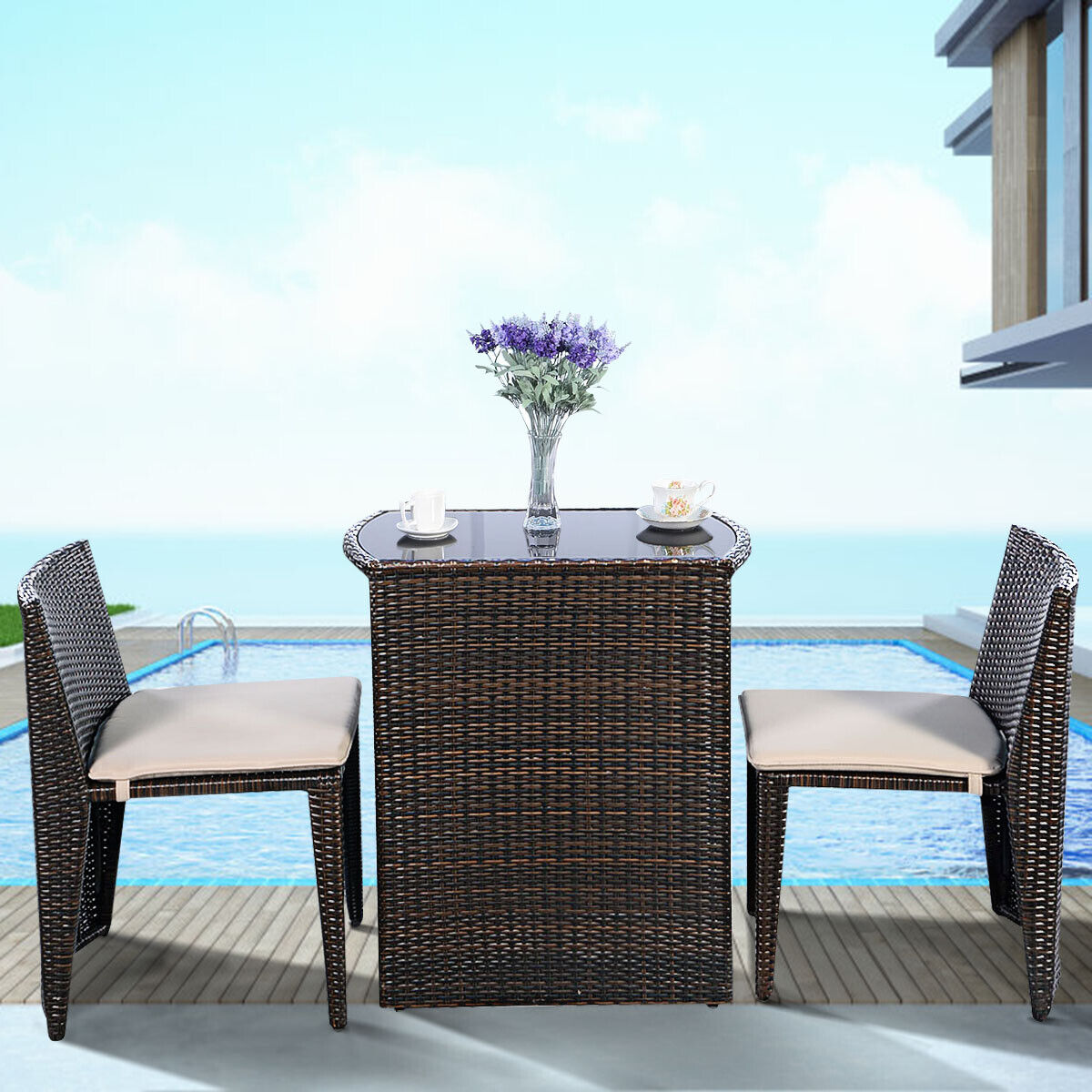 *SPECIAL* - 3 Pieces Cushioned Wicker Patio Bistro Set (Scratch and Dent)