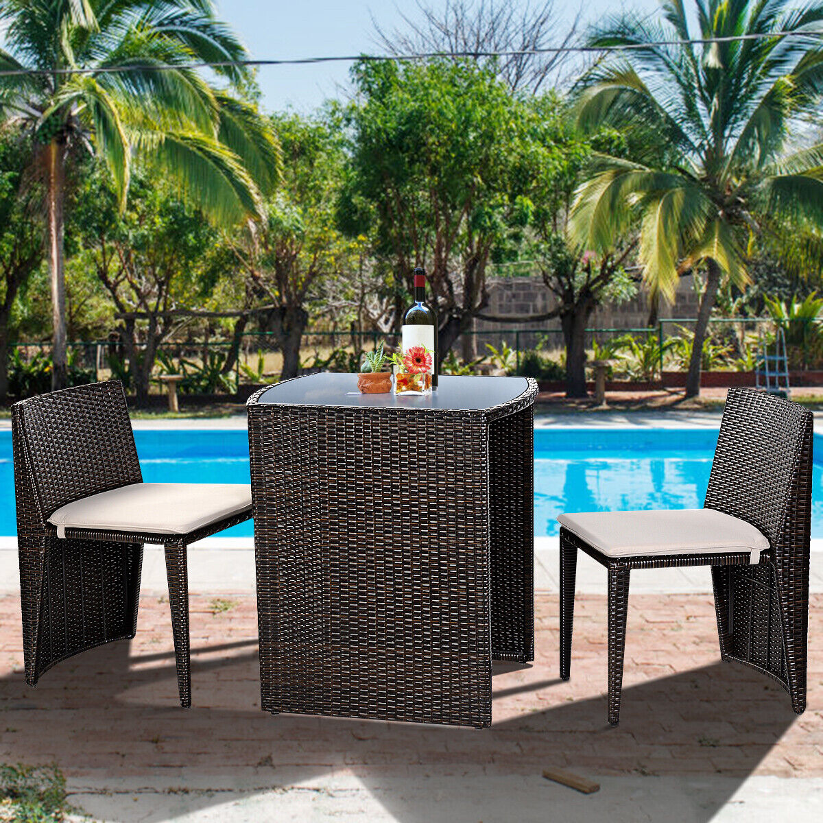 *SPECIAL* - 3 Pieces Cushioned Wicker Patio Bistro Set (Scratch and Dent)