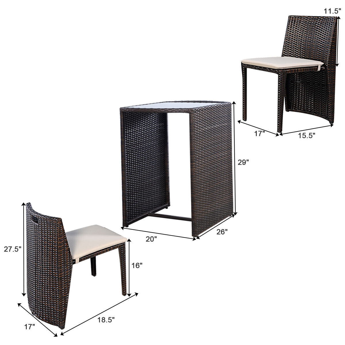 *SPECIAL* - 3 Pieces Cushioned Wicker Patio Bistro Set (Scratch and Dent)