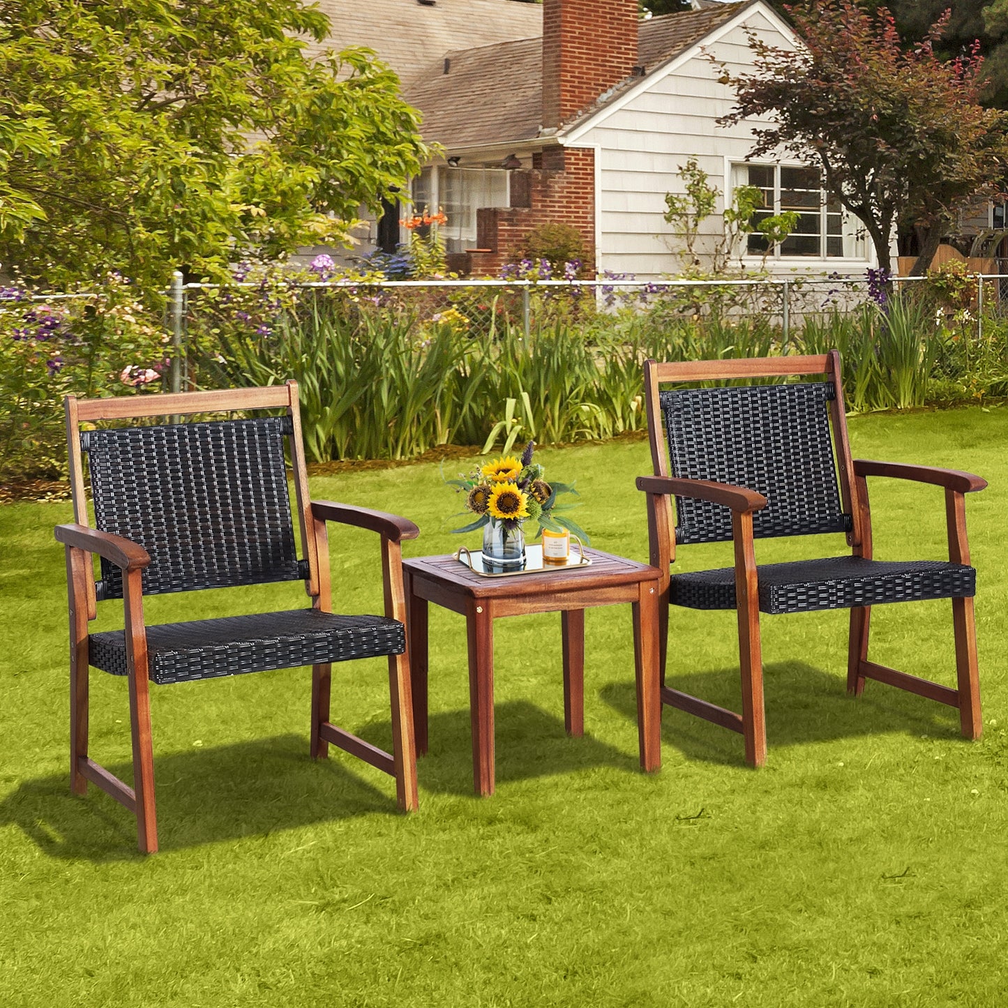 3 Pieces Rattan Bistro Set with Acacia Wood Frame for Garden (Fully Assembled)