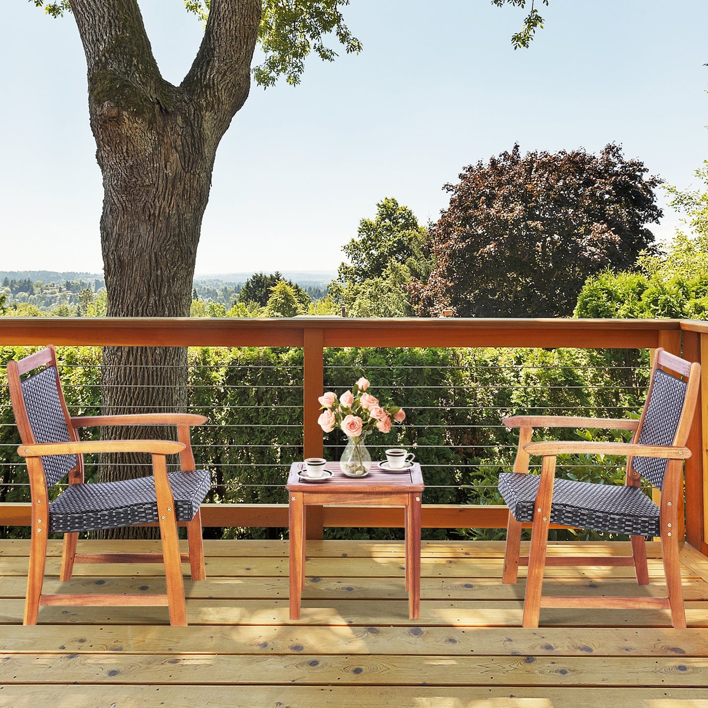 3 Pieces Rattan Bistro Set with Acacia Wood Frame for Garden (Fully Assembled)