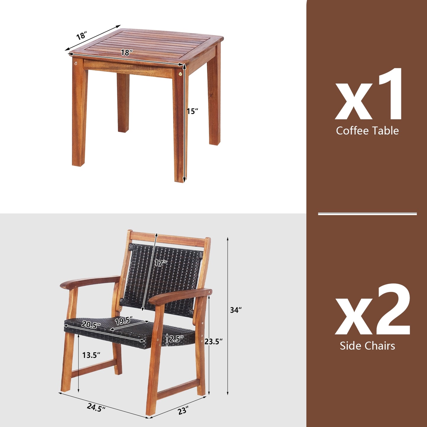 3 Pieces Rattan Bistro Set with Acacia Wood Frame for Garden (Fully Assembled)