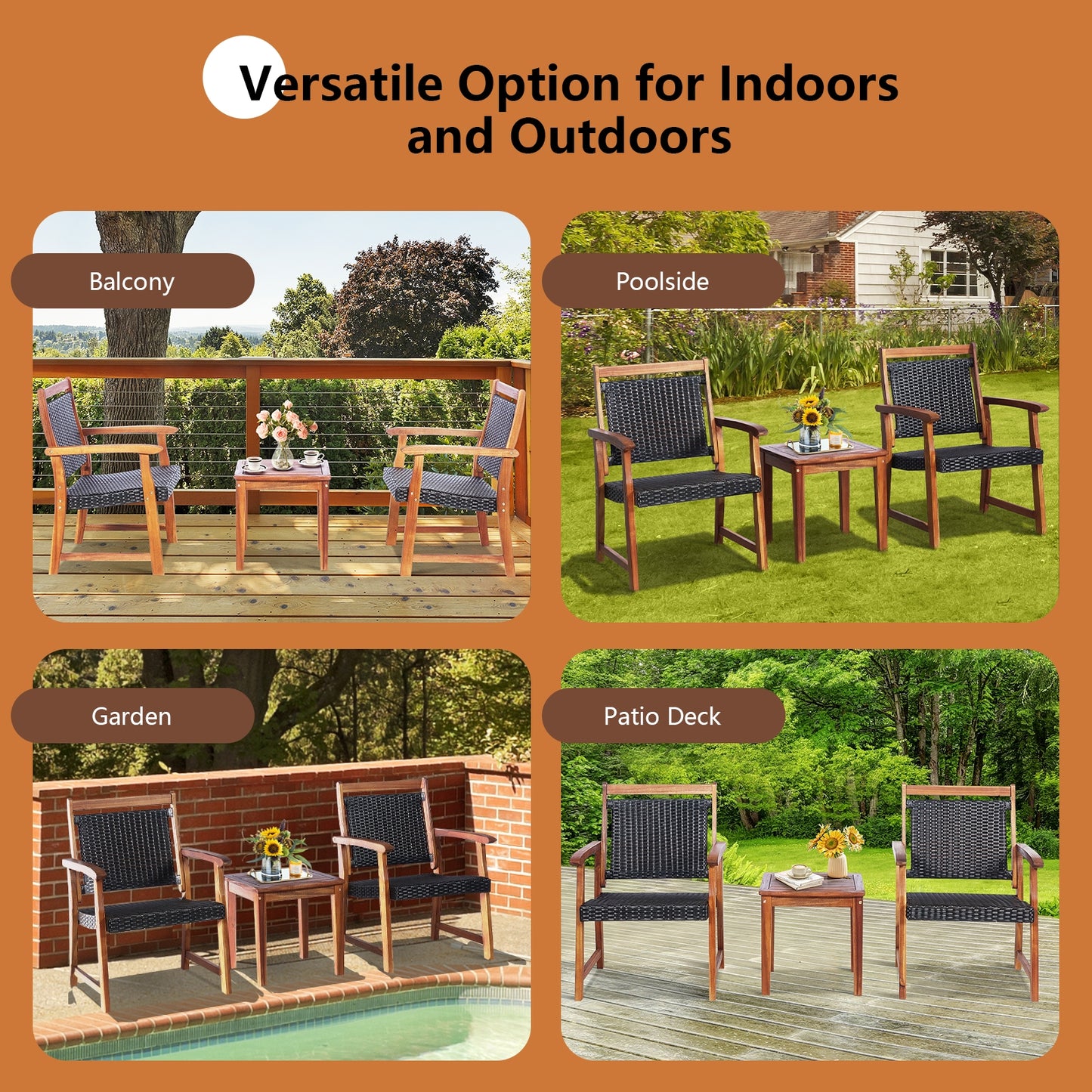 3 Pieces Rattan Bistro Set with Acacia Wood Frame for Garden (Fully Assembled)