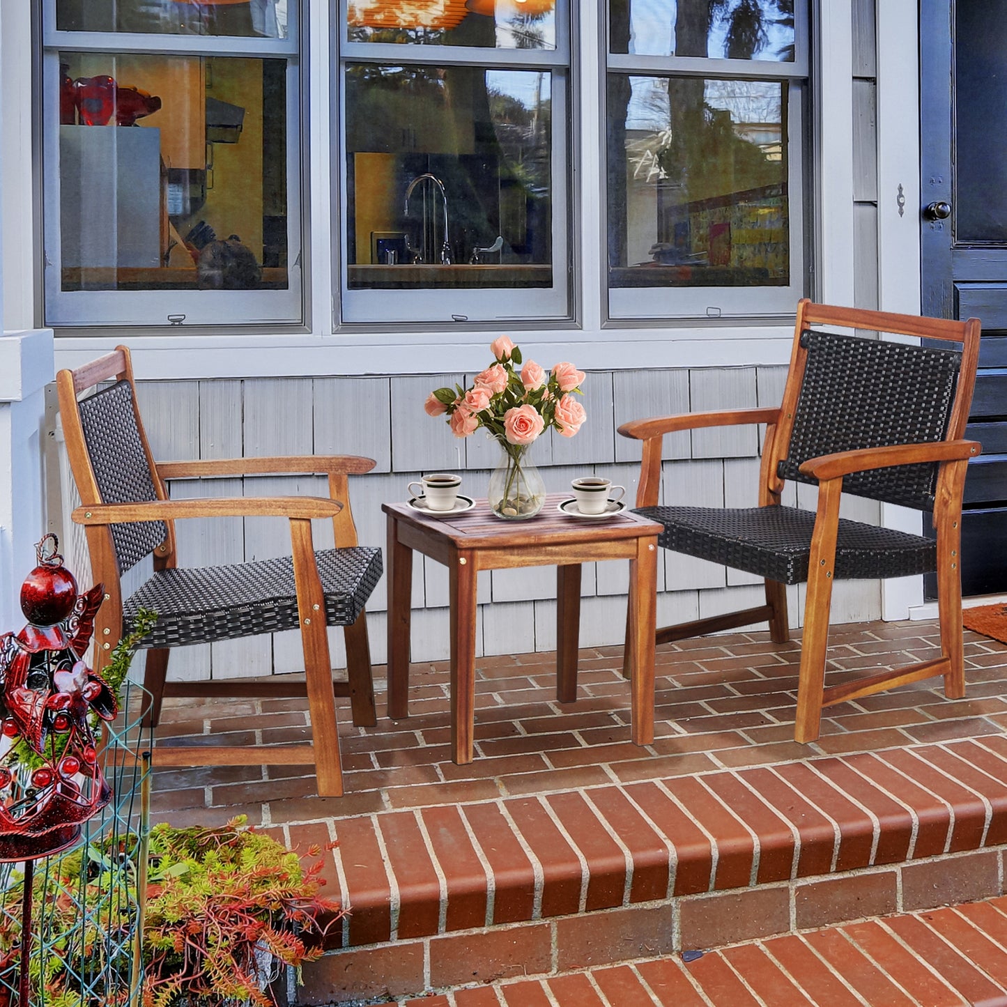 3 Pieces Rattan Bistro Set with Acacia Wood Frame for Garden (Fully Assembled)