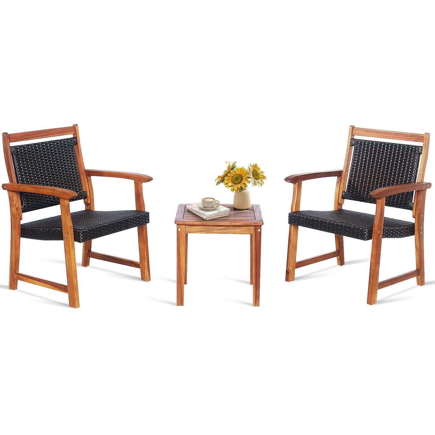 3 Pieces Rattan Bistro Set with Acacia Wood Frame for Garden (Fully Assembled)