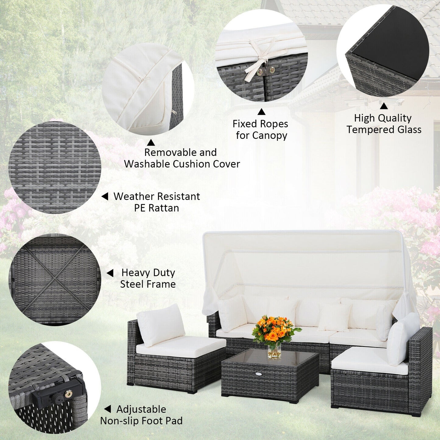 6 Pieces Patio Rattan Furniture Set, Fully Assembled, Canopy is not included