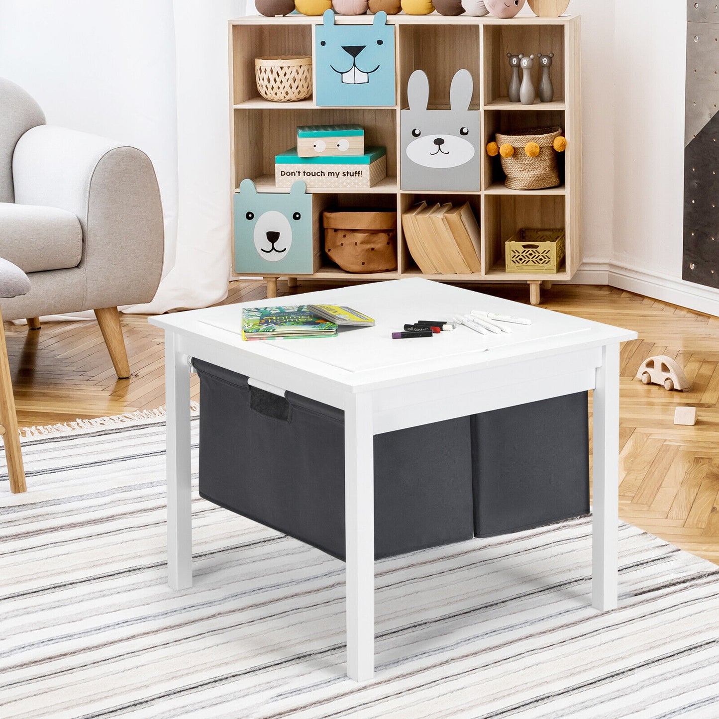 2-in-1 Kids Double-sided Activity Building Block Table with Drawers-White (Shipping Damage)