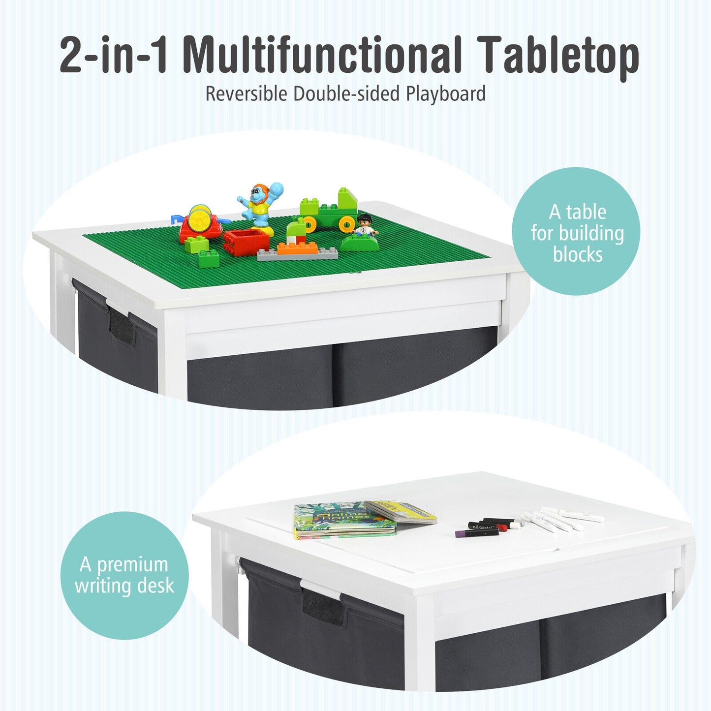 2-in-1 Kids Double-sided Activity Building Block Table with Drawers-White (Shipping Damage)