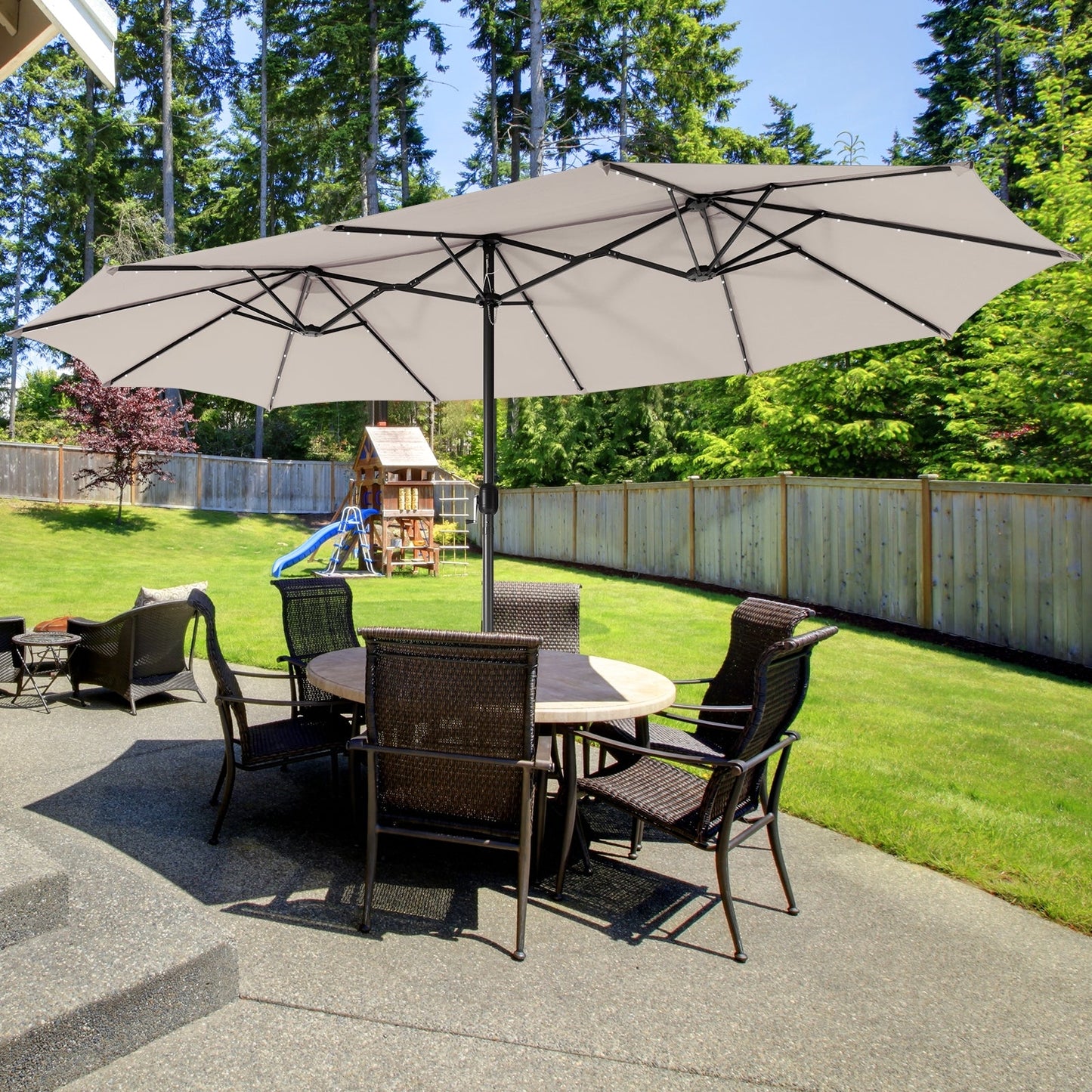 Tax Free - 15 Feet Twin Patio Umbrella with 48 Solar LED Lights-Beige