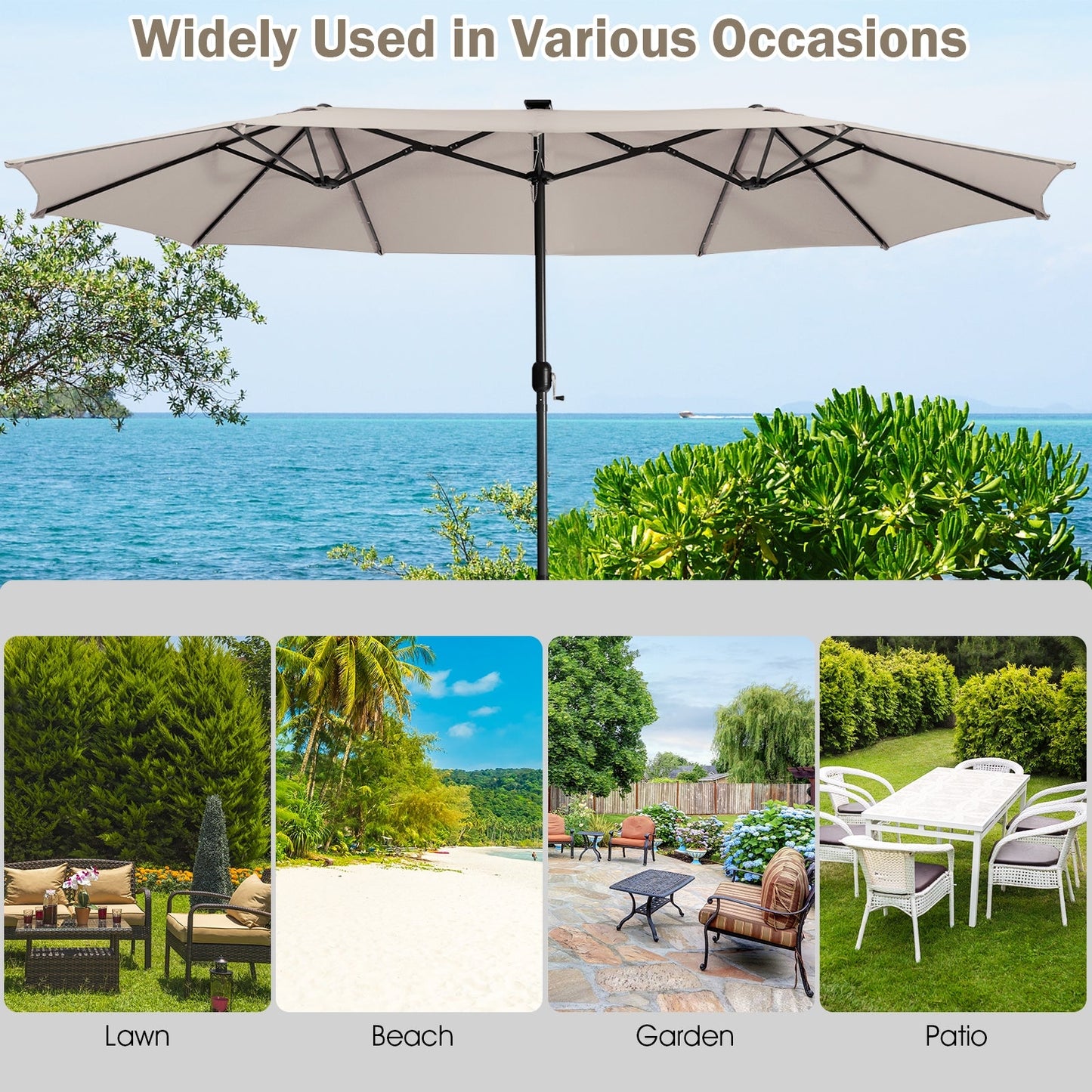 Tax Free - 15 Feet Twin Patio Umbrella with 48 Solar LED Lights-Beige