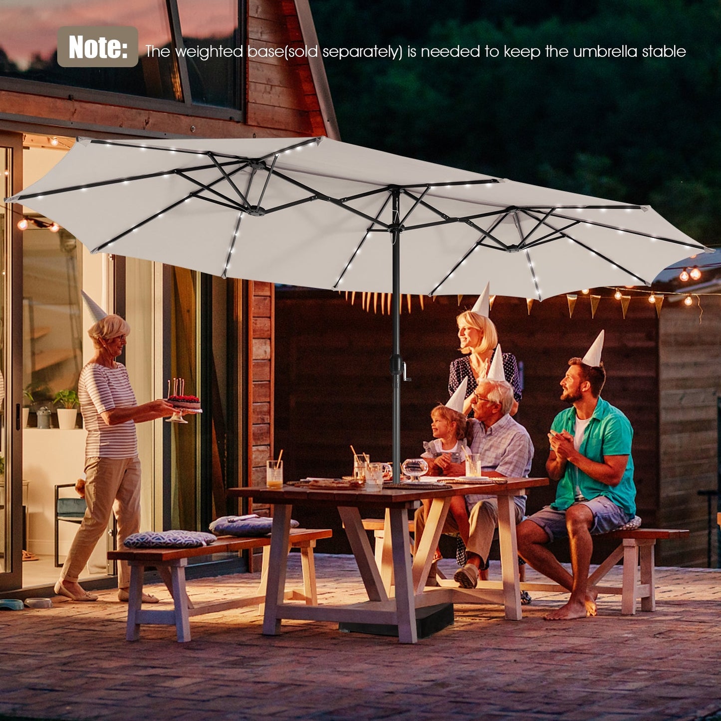Tax Free - 15 Feet Twin Patio Umbrella with 48 Solar LED Lights-Beige