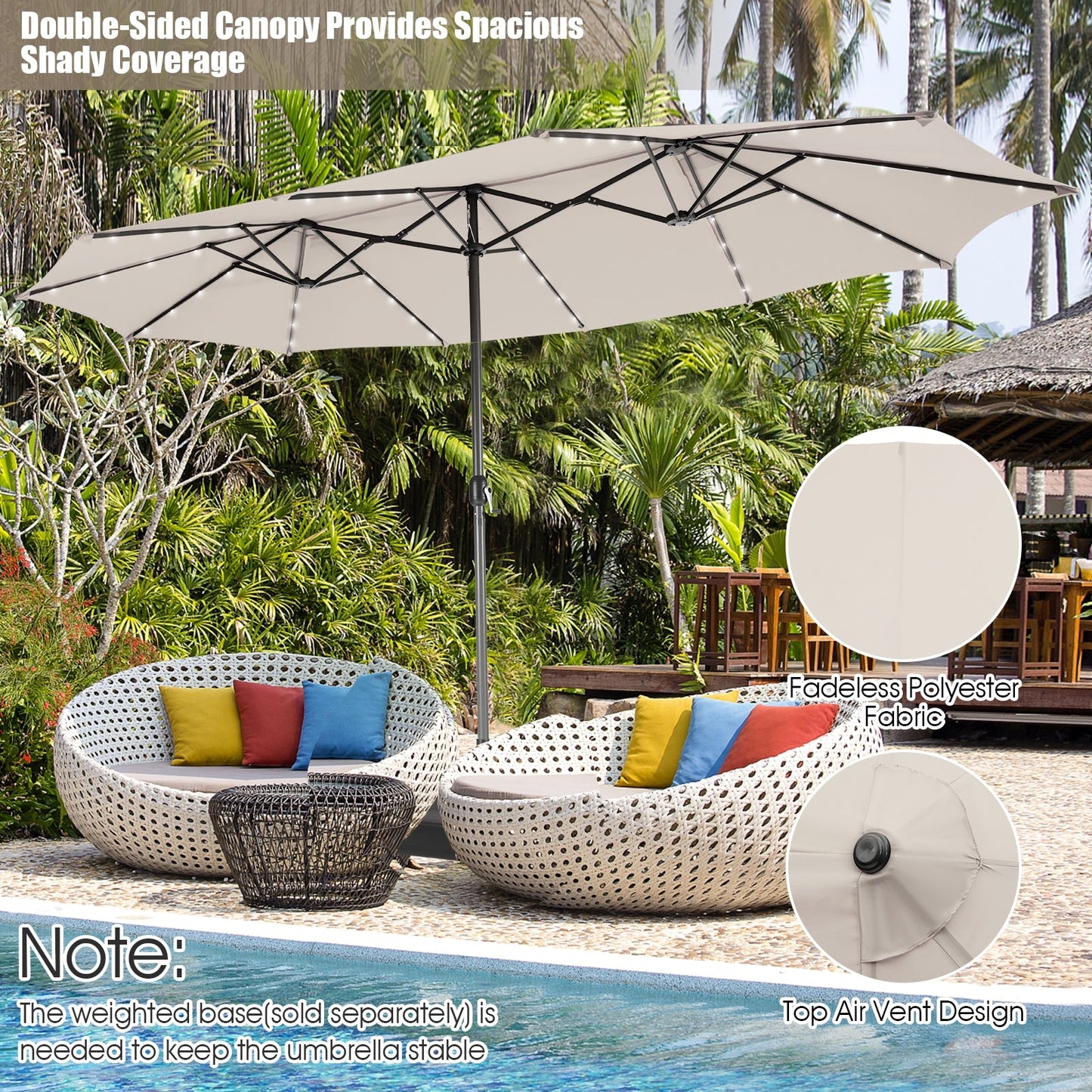 Tax Free - 15 Feet Twin Patio Umbrella with 48 Solar LED Lights-Beige