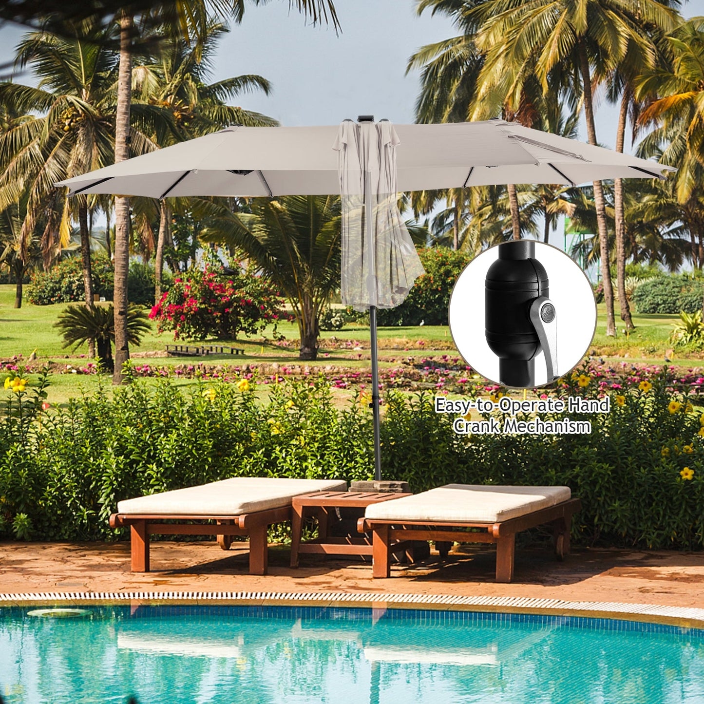 Tax Free - 15 Feet Twin Patio Umbrella with 48 Solar LED Lights-Beige