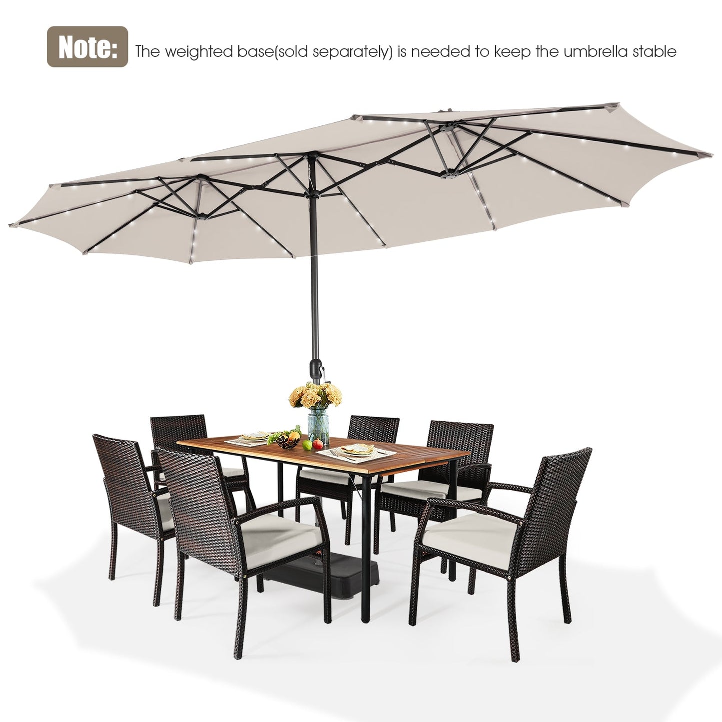 Tax Free - 15 Feet Twin Patio Umbrella with 48 Solar LED Lights-Beige