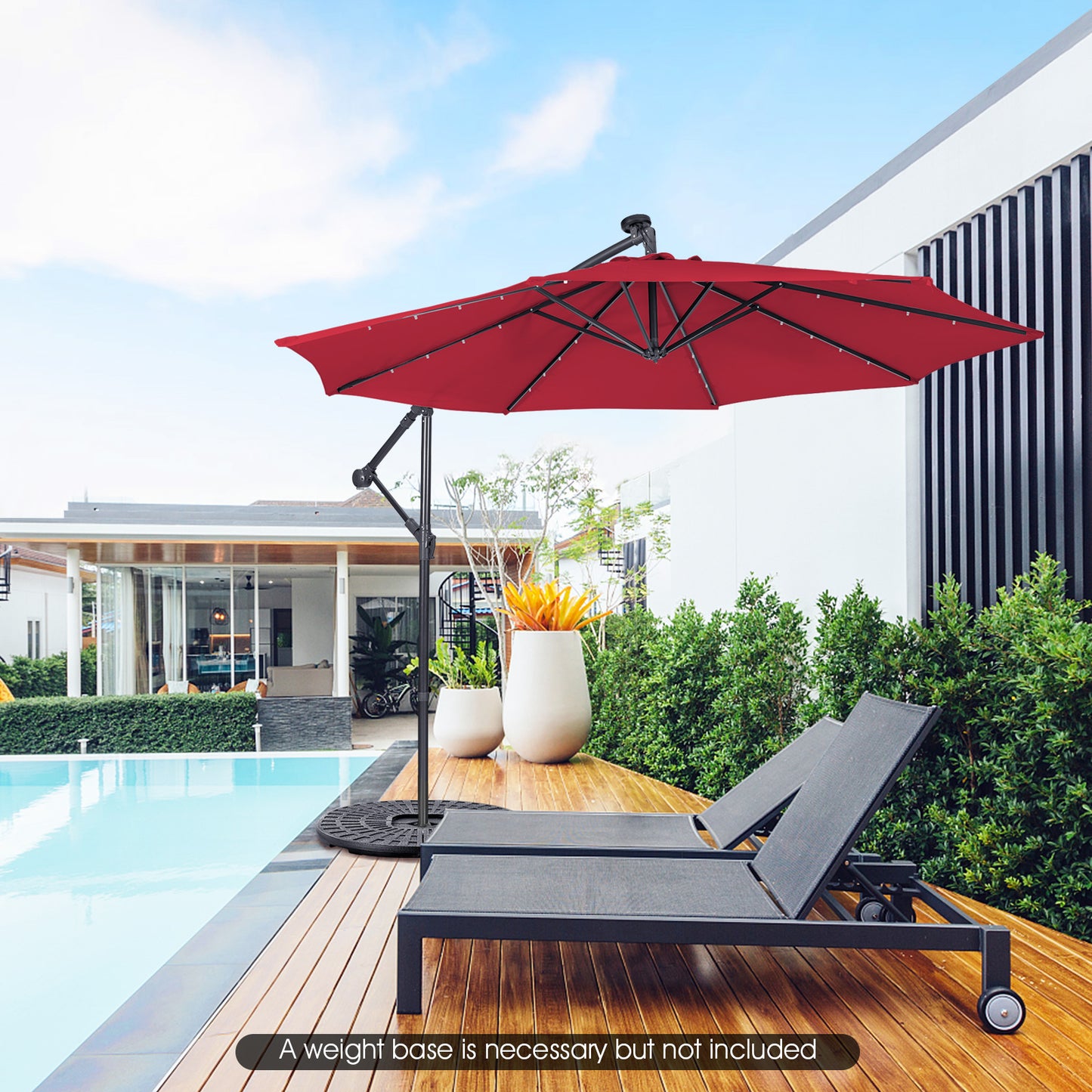 10 Feet Patio Solar Powered Cantilever Umbrella, base not included. fully assembled