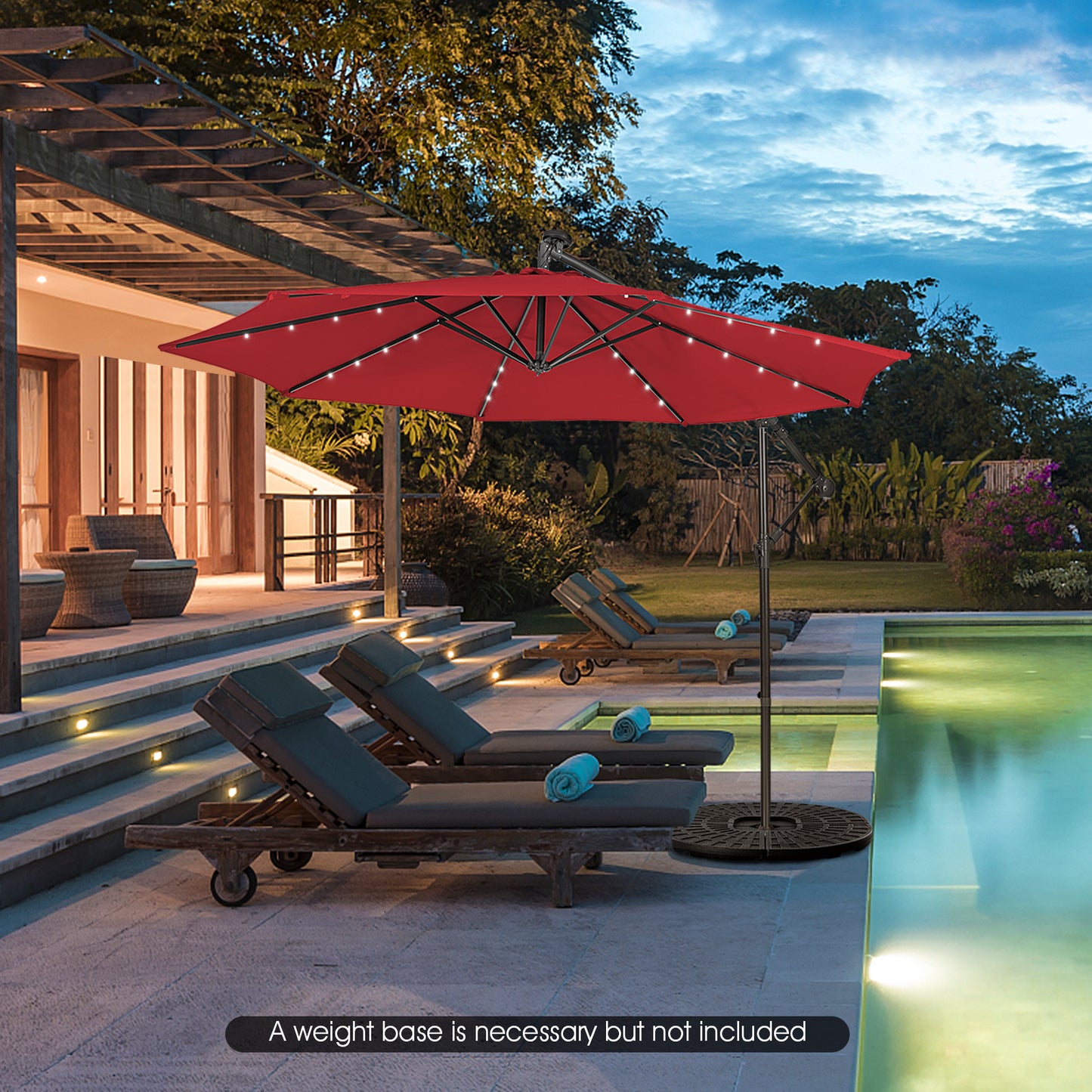 10 Feet Patio Solar Powered Cantilever Umbrella, base not included. fully assembled