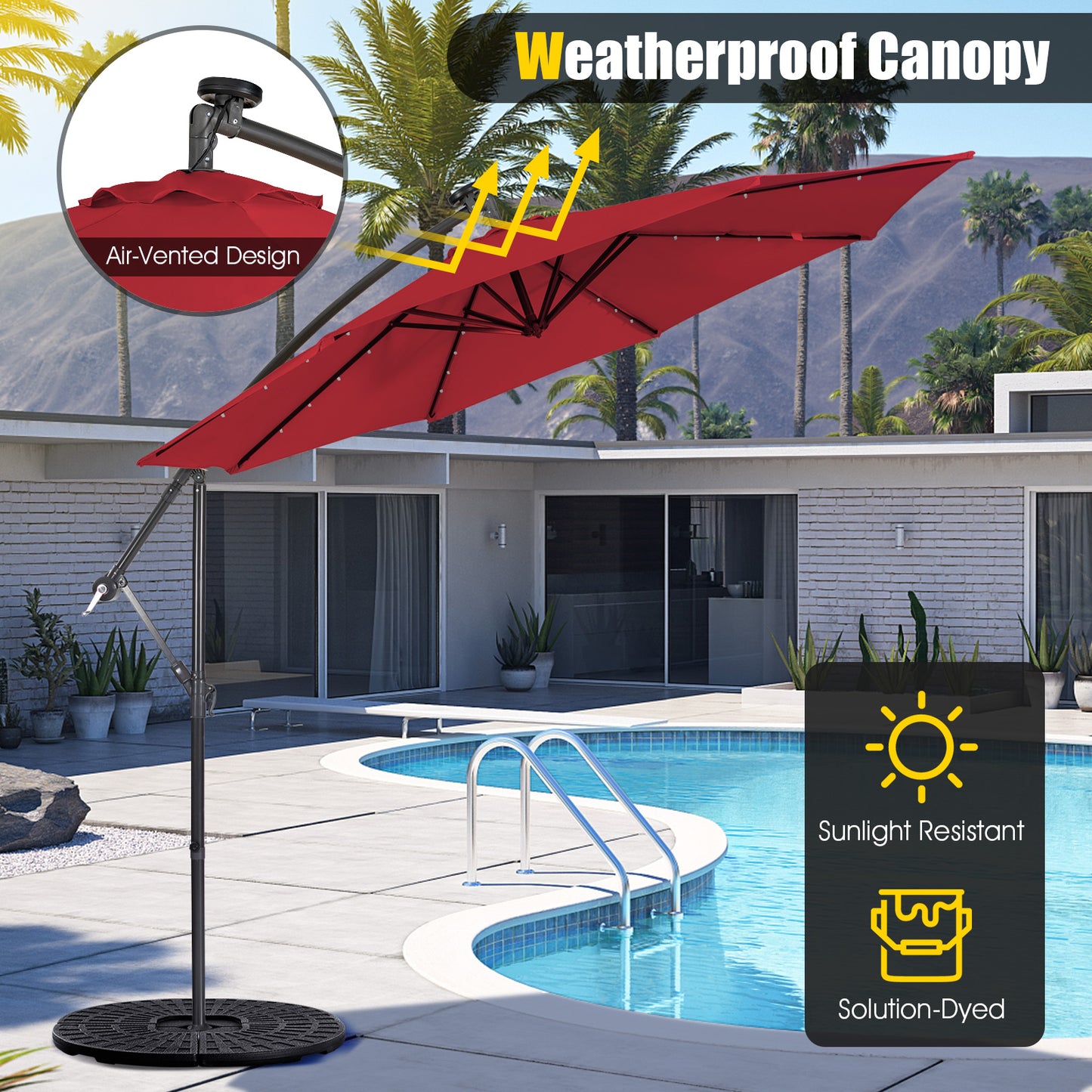10 Feet Patio Solar Powered Cantilever Umbrella, base not included. fully assembled