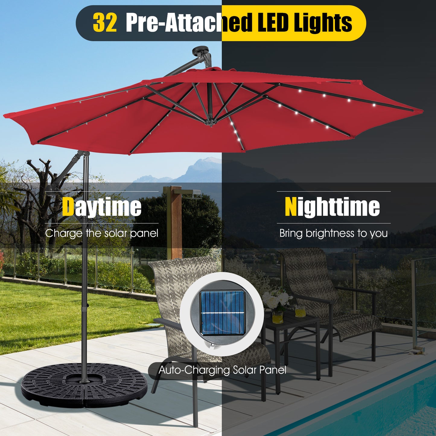 10 Feet Patio Solar Powered Cantilever Umbrella, base not included. fully assembled