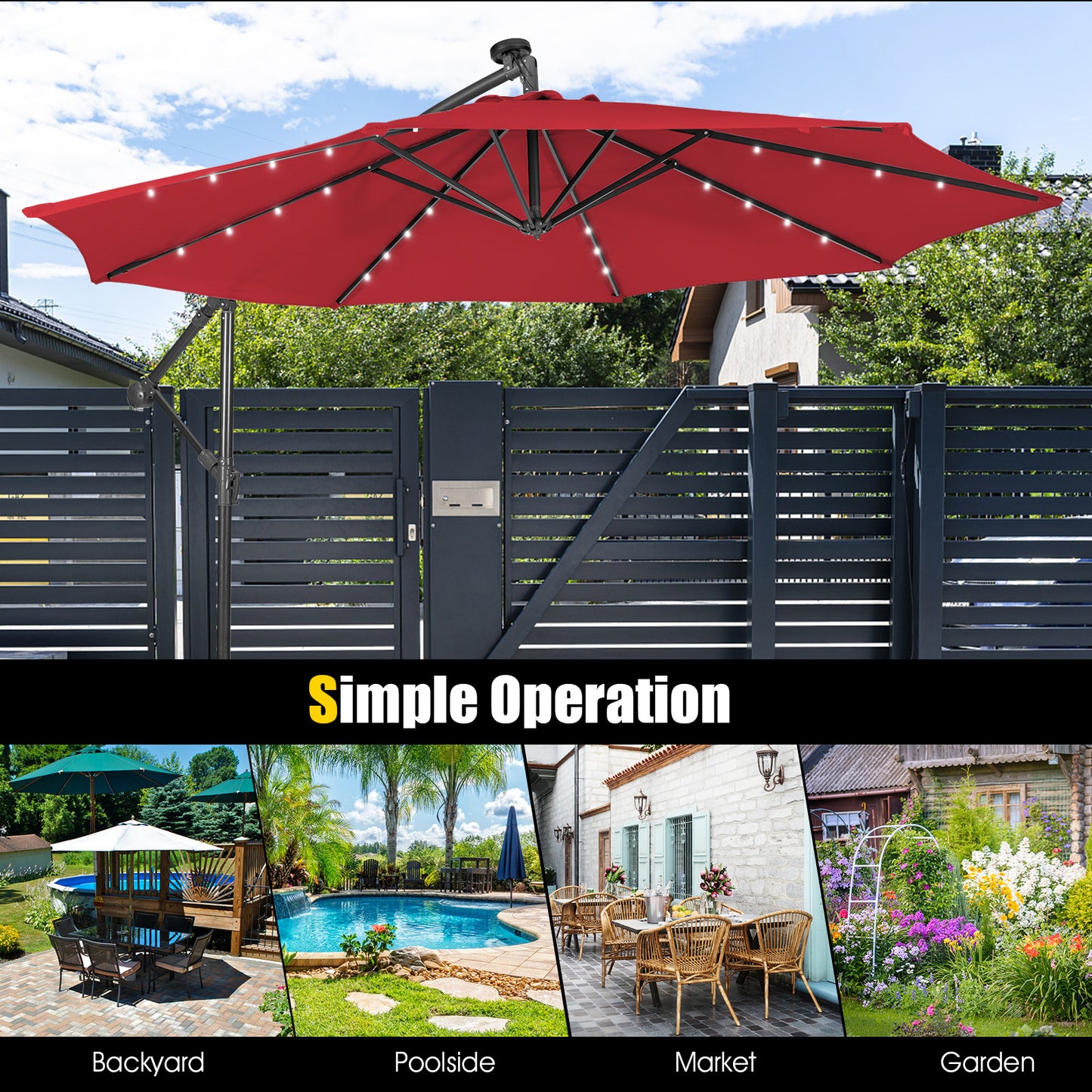 10 Feet Patio Solar Powered Cantilever Umbrella, base not included. fully assembled