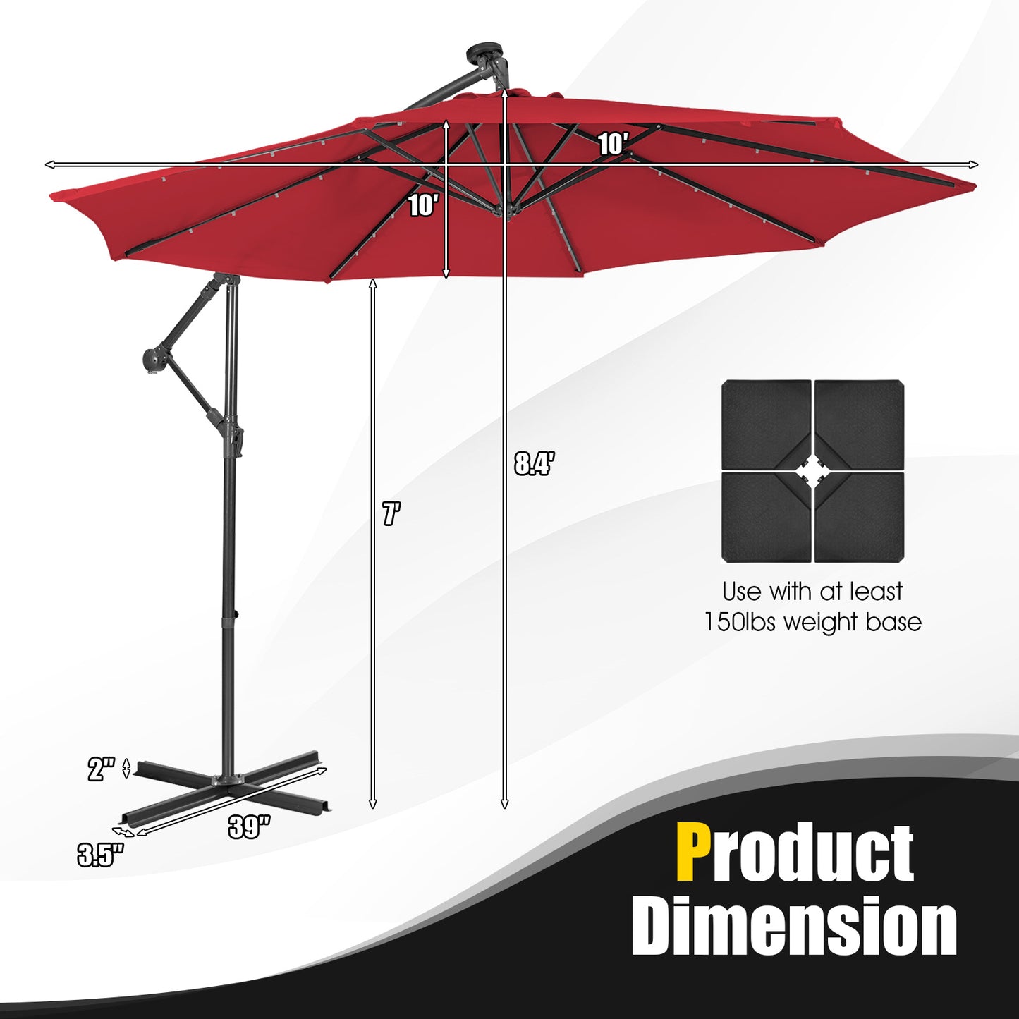 10 Feet Patio Solar Powered Cantilever Umbrella, base not included. fully assembled