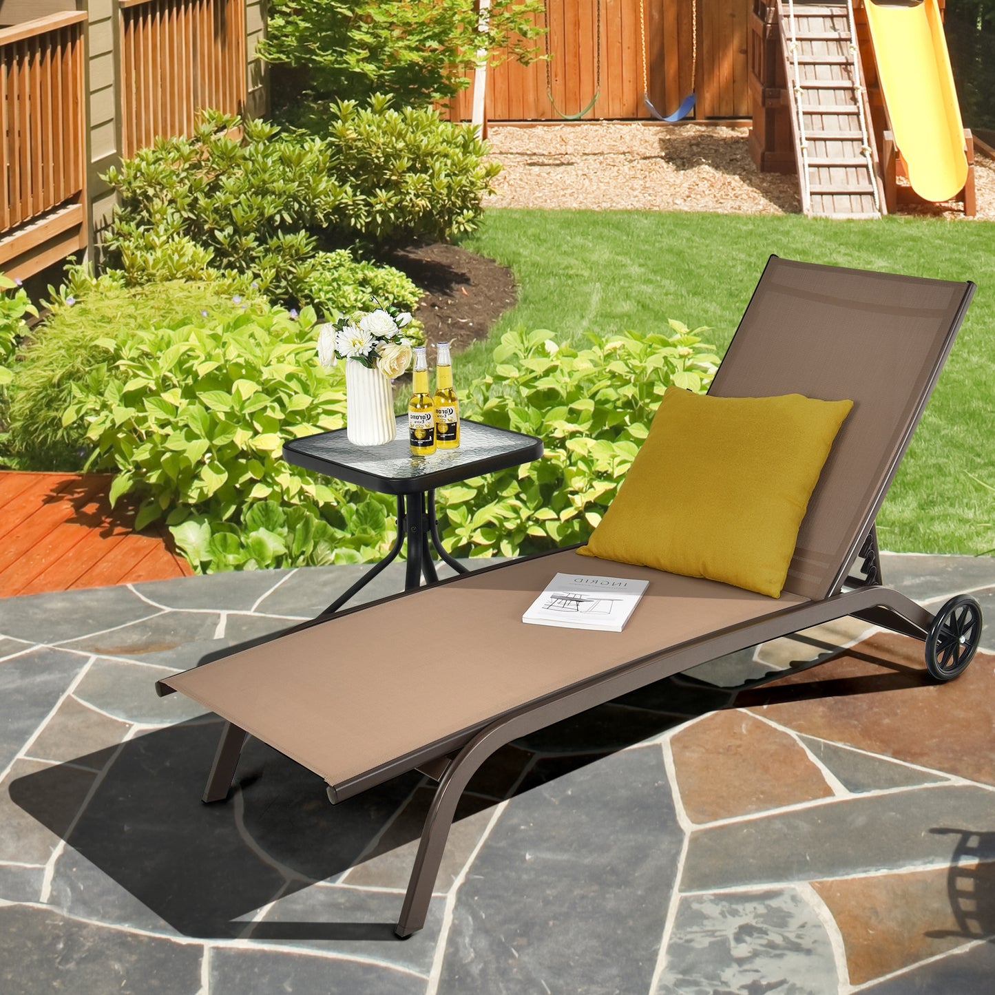 6-Poisition Adjustable Outdoor Chaise Recliner with Wheels-Brown, fully assembled