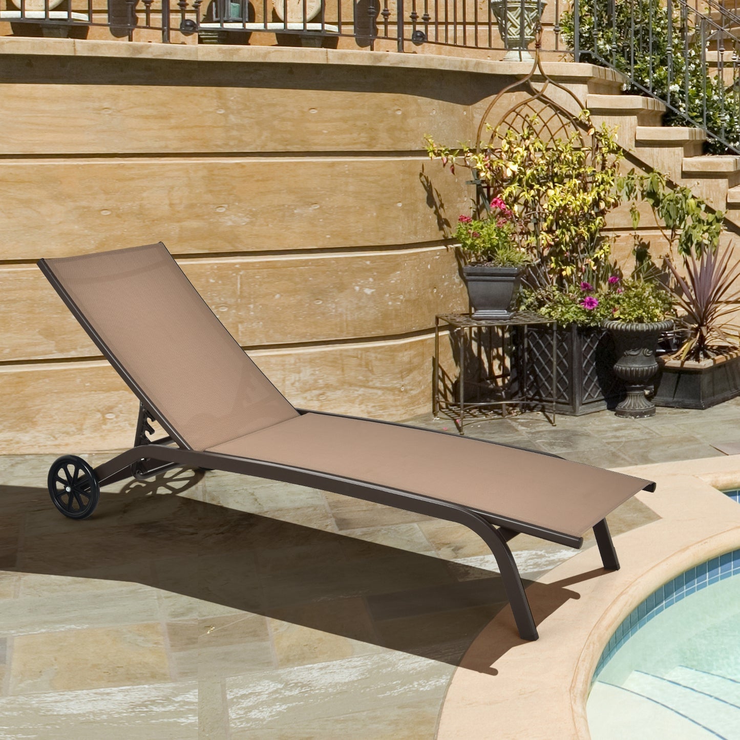6-Poisition Adjustable Outdoor Chaise Recliner with Wheels-Brown, fully assembled