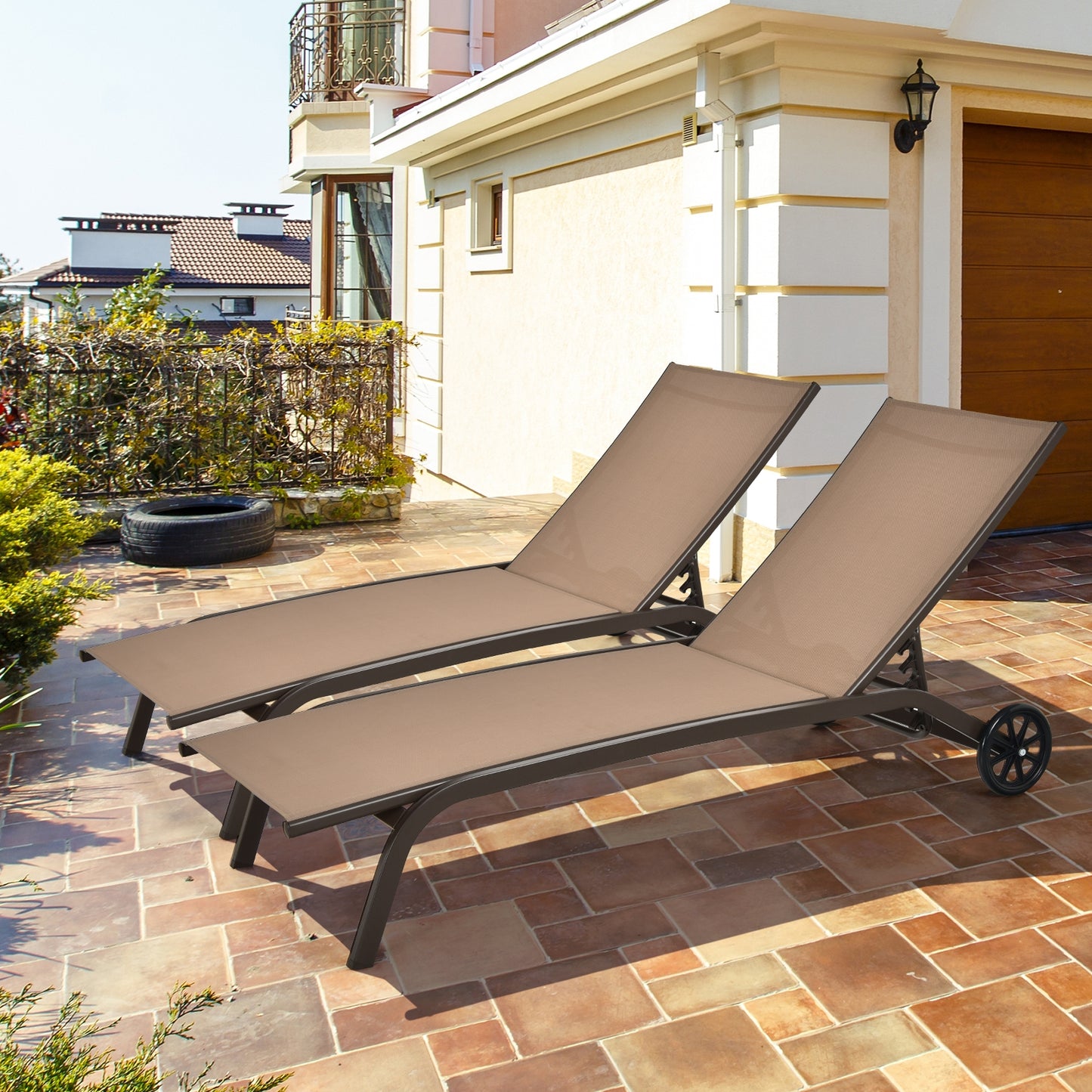 6-Poisition Adjustable Outdoor Chaise Recliner with Wheels-Brown, fully assembled