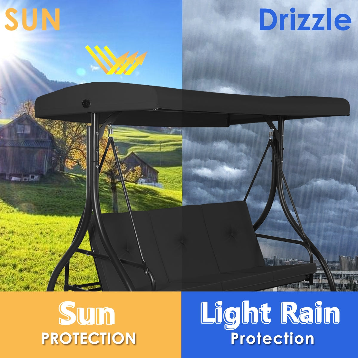 3 Seats Converting Outdoor Swing Canopy Hammock -Black - Customer Return (Unassembled)