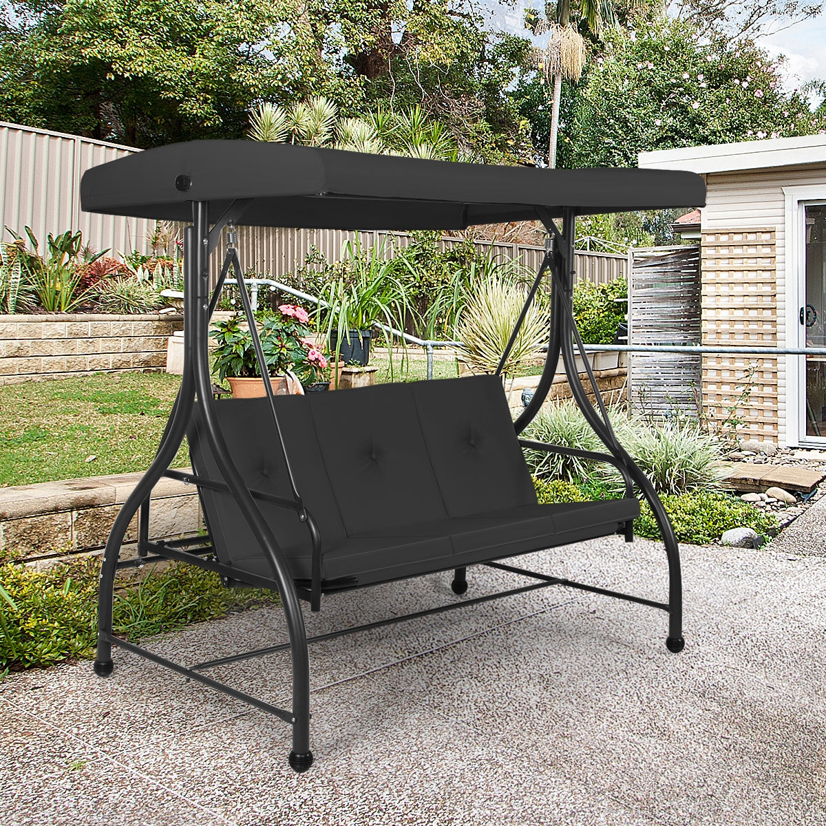3 Seats Converting Outdoor Swing Canopy Hammock -Black - Customer Return (Unassembled)