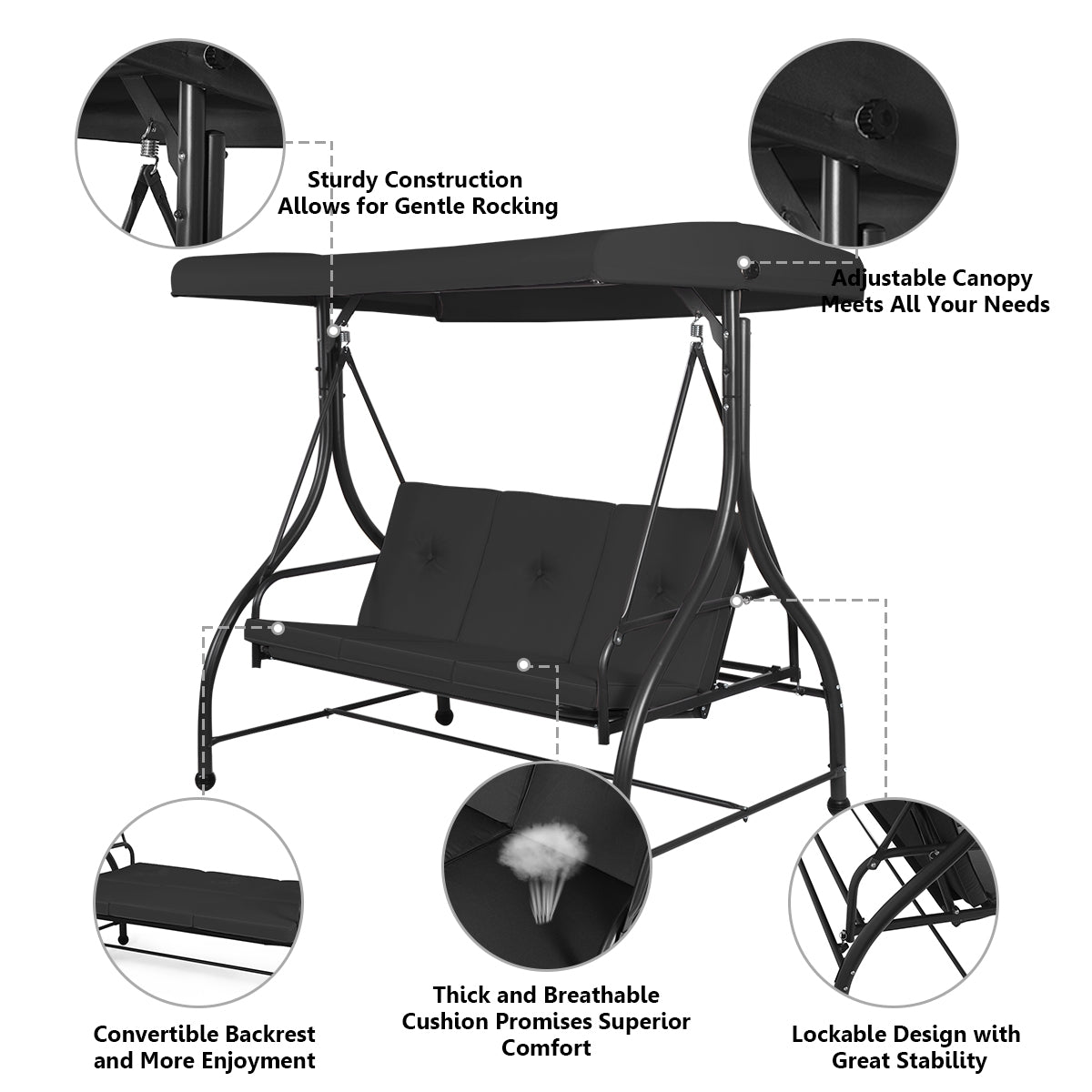 3 Seats Converting Outdoor Swing Canopy Hammock -Black - Customer Return (Unassembled)