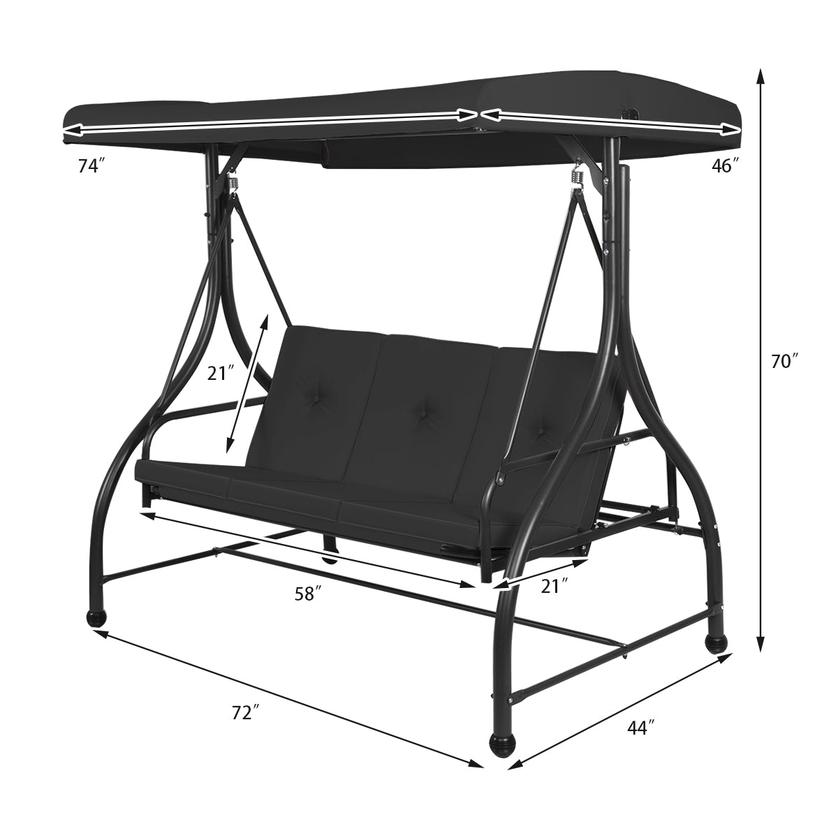3 Seats Converting Outdoor Swing Canopy Hammock -Black - Customer Return (Unassembled)