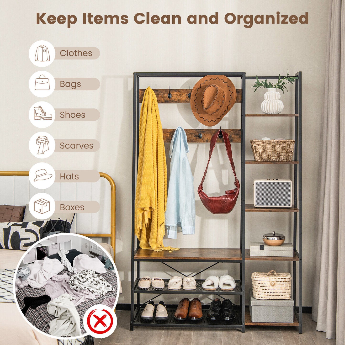 5-in-1 Entryway Hall Tree with Storage Bench with 9 Hooks-Rustic Brown (Scratch and Dent)