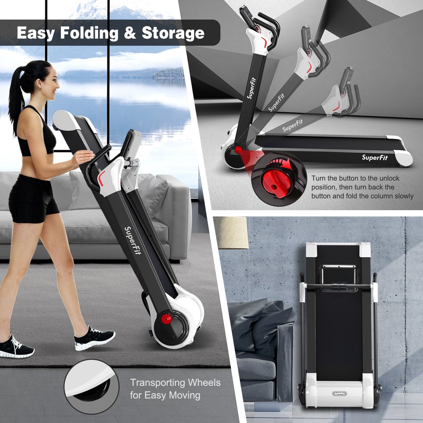 2.25 HP Electric Folding Running Treadmill Machine with LED Display and APP Control-White (MAX 265lbs)
