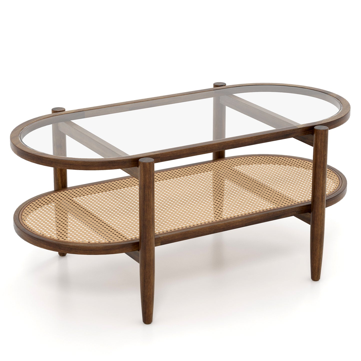 2-Tier Coffee Table with Tempered Glass Tabletop and Acacia Wood Frame (Fully Assembled)