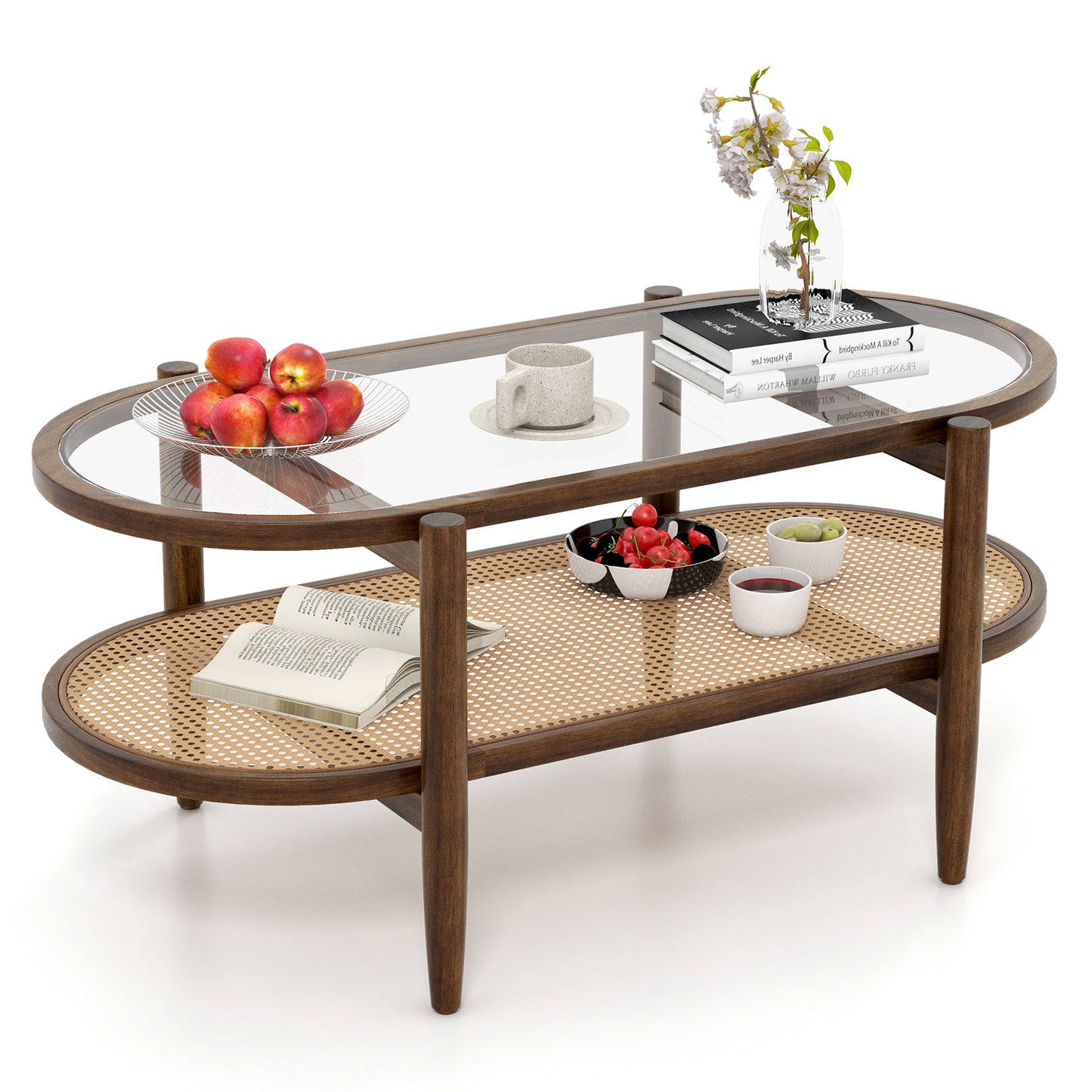 2-Tier Coffee Table with Tempered Glass Tabletop and Acacia Wood Frame (Fully Assembled)