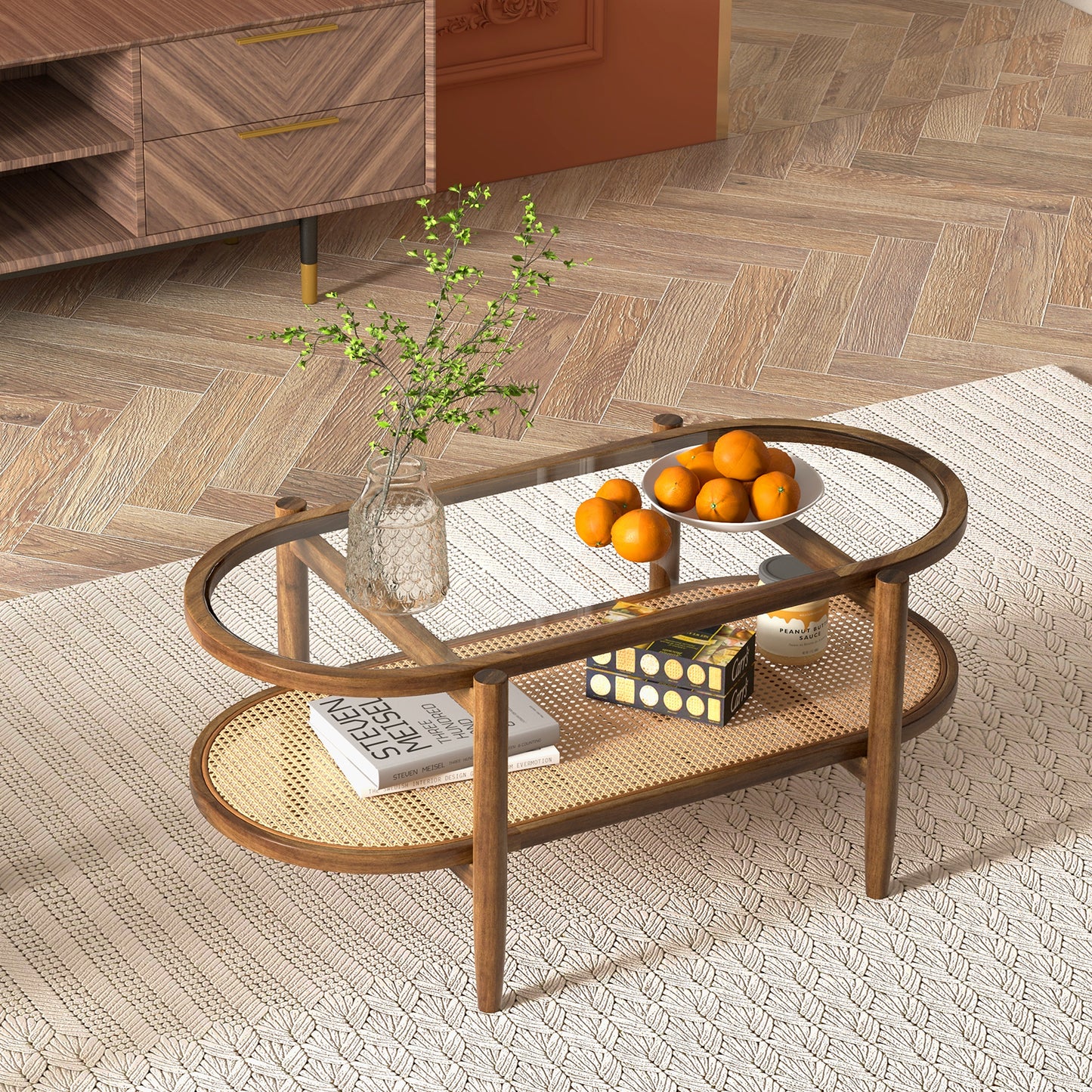2-Tier Coffee Table with Tempered Glass Tabletop and Acacia Wood Frame (Fully Assembled)
