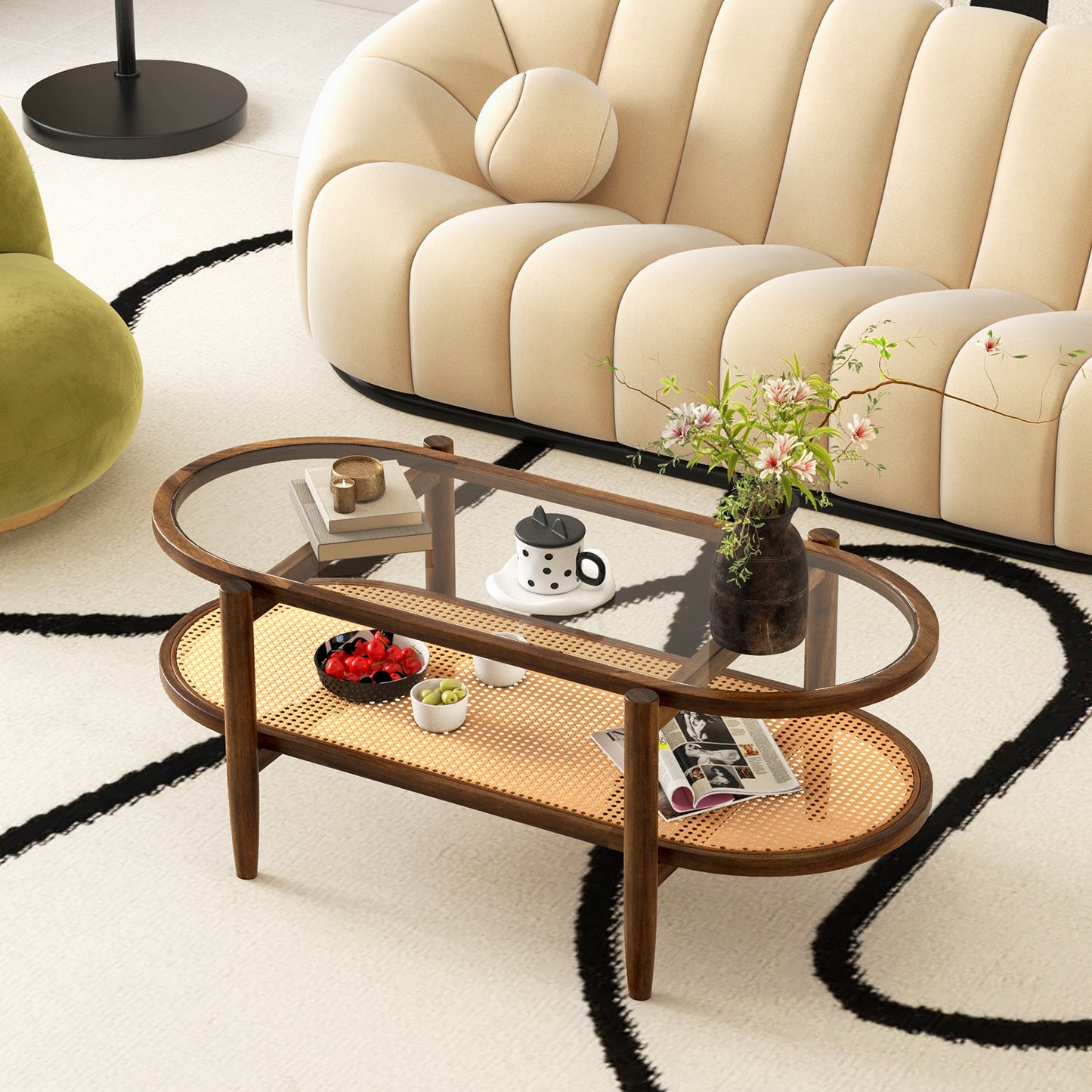 2-Tier Coffee Table with Tempered Glass Tabletop and Acacia Wood Frame (Fully Assembled)