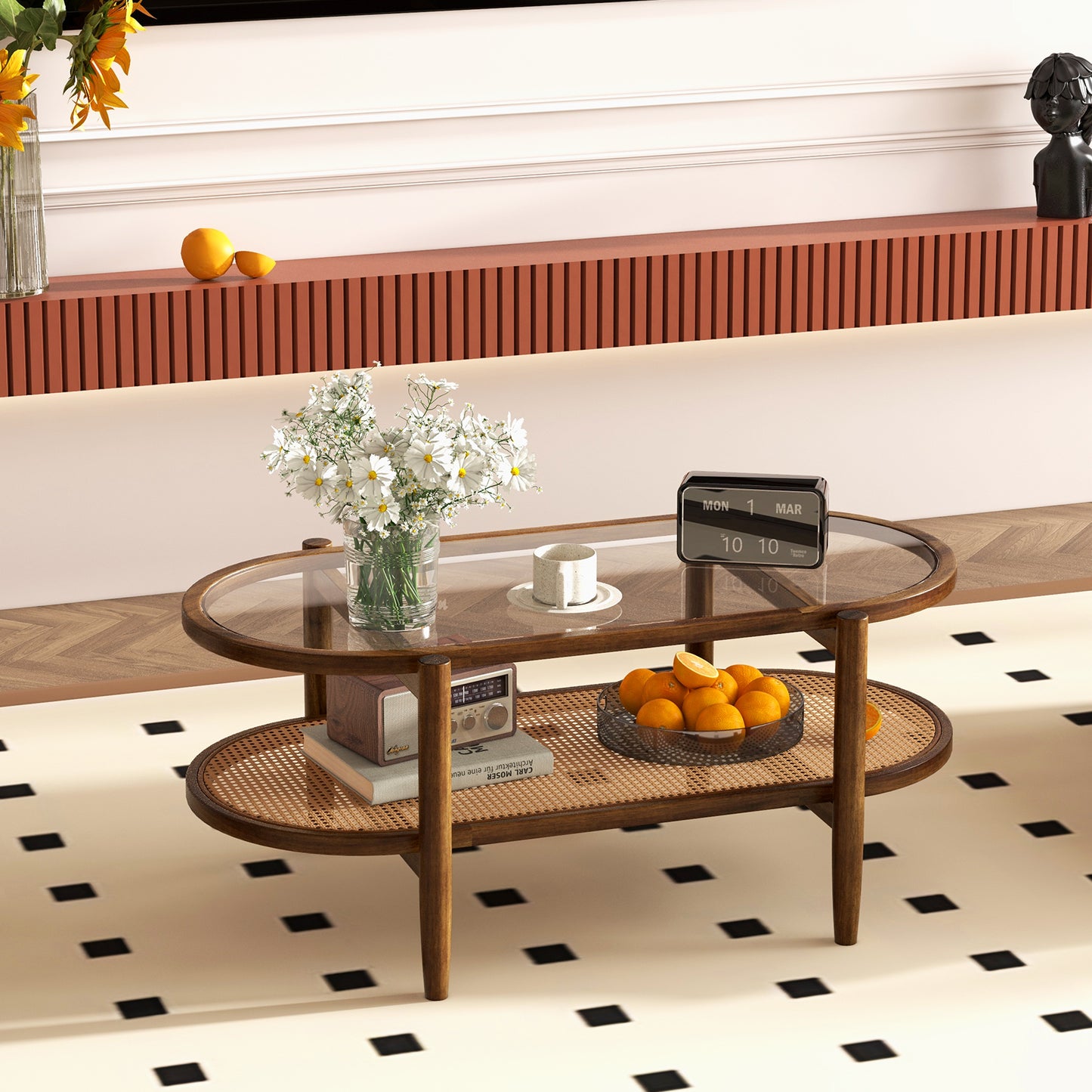 2-Tier Coffee Table with Tempered Glass Tabletop and Acacia Wood Frame (Fully Assembled)