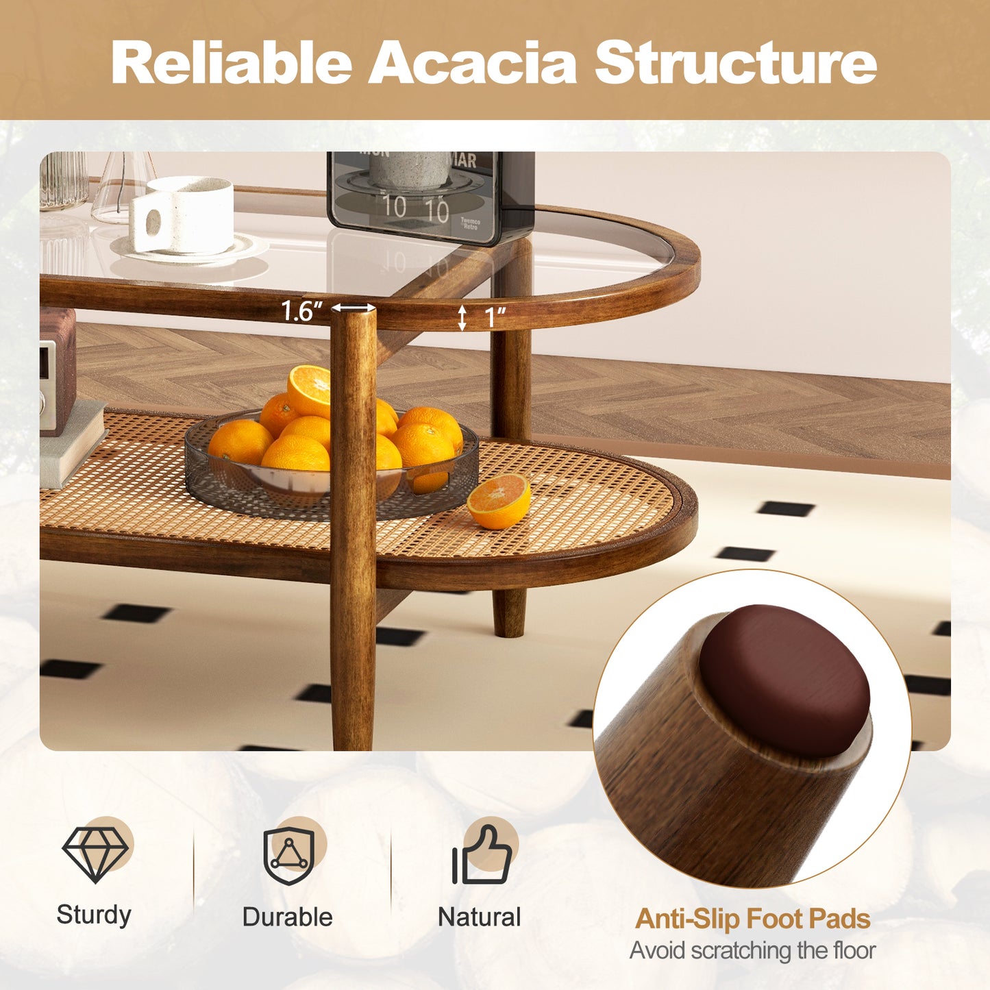 2-Tier Coffee Table with Tempered Glass Tabletop and Acacia Wood Frame (Fully Assembled)