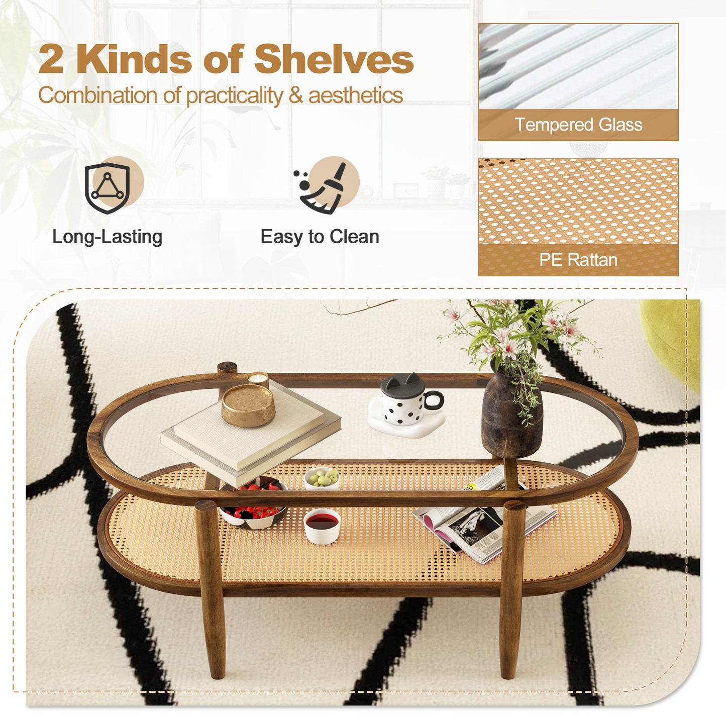 2-Tier Coffee Table with Tempered Glass Tabletop and Acacia Wood Frame (Fully Assembled)