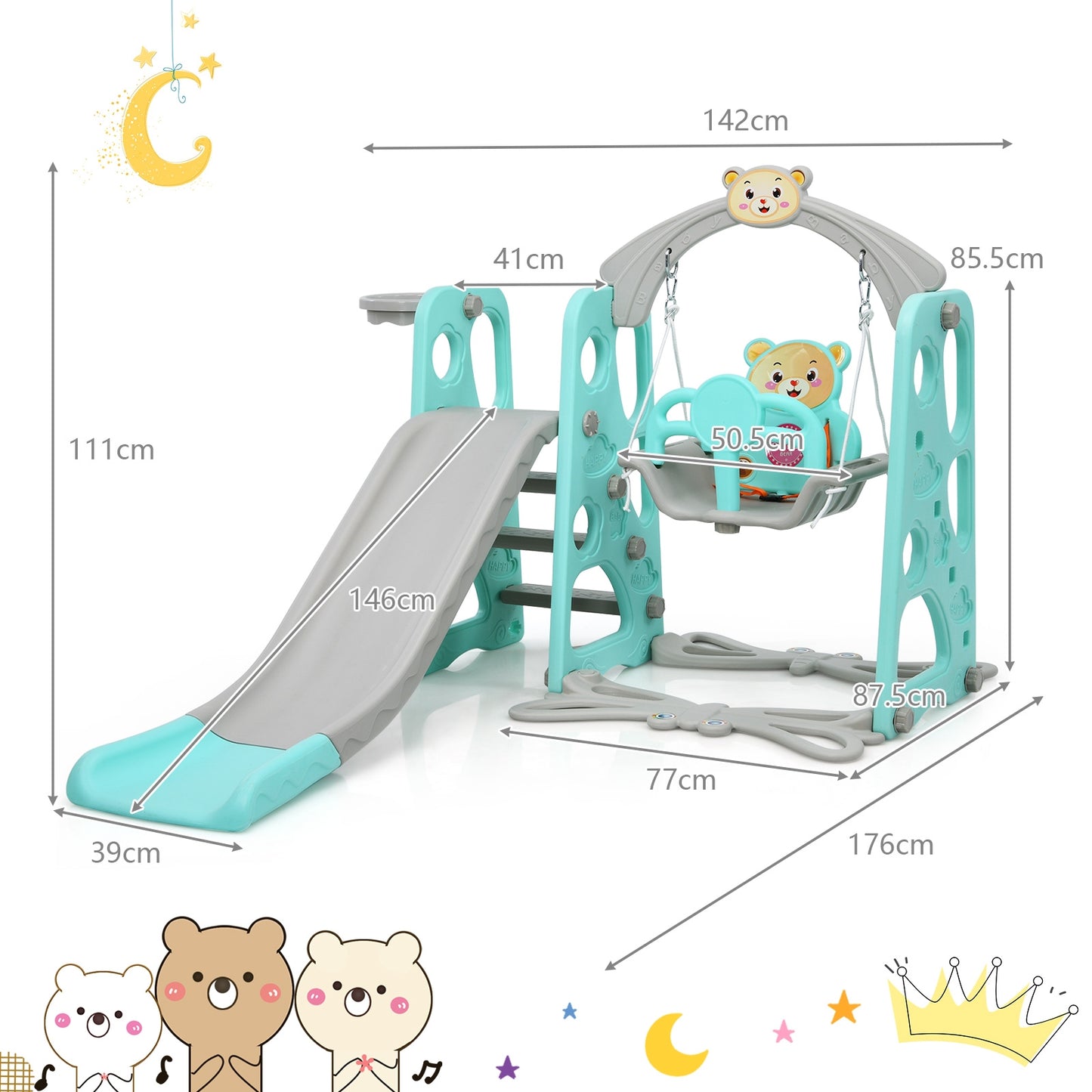 3 in 1 Toddler Climber and Swing Set Slide Playset-Green. Fully Assembled